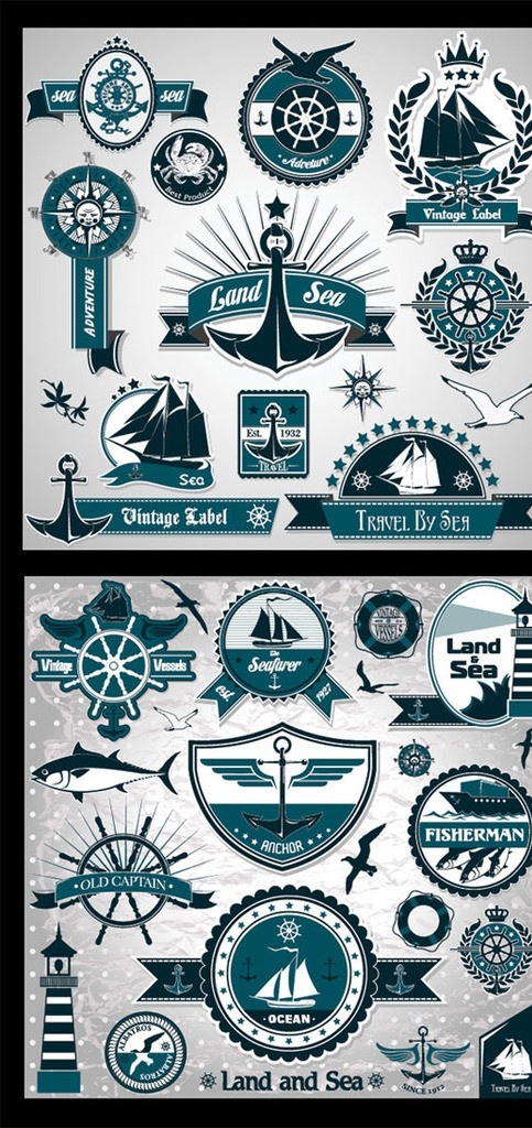 航海标志 经典航海标贴 航海 航海标识 标志 logo 标签 海盗 灯塔 渔船 指南针 帆船 海鸥 轮船 鱼 欧美标志 标识标志图标 矢量