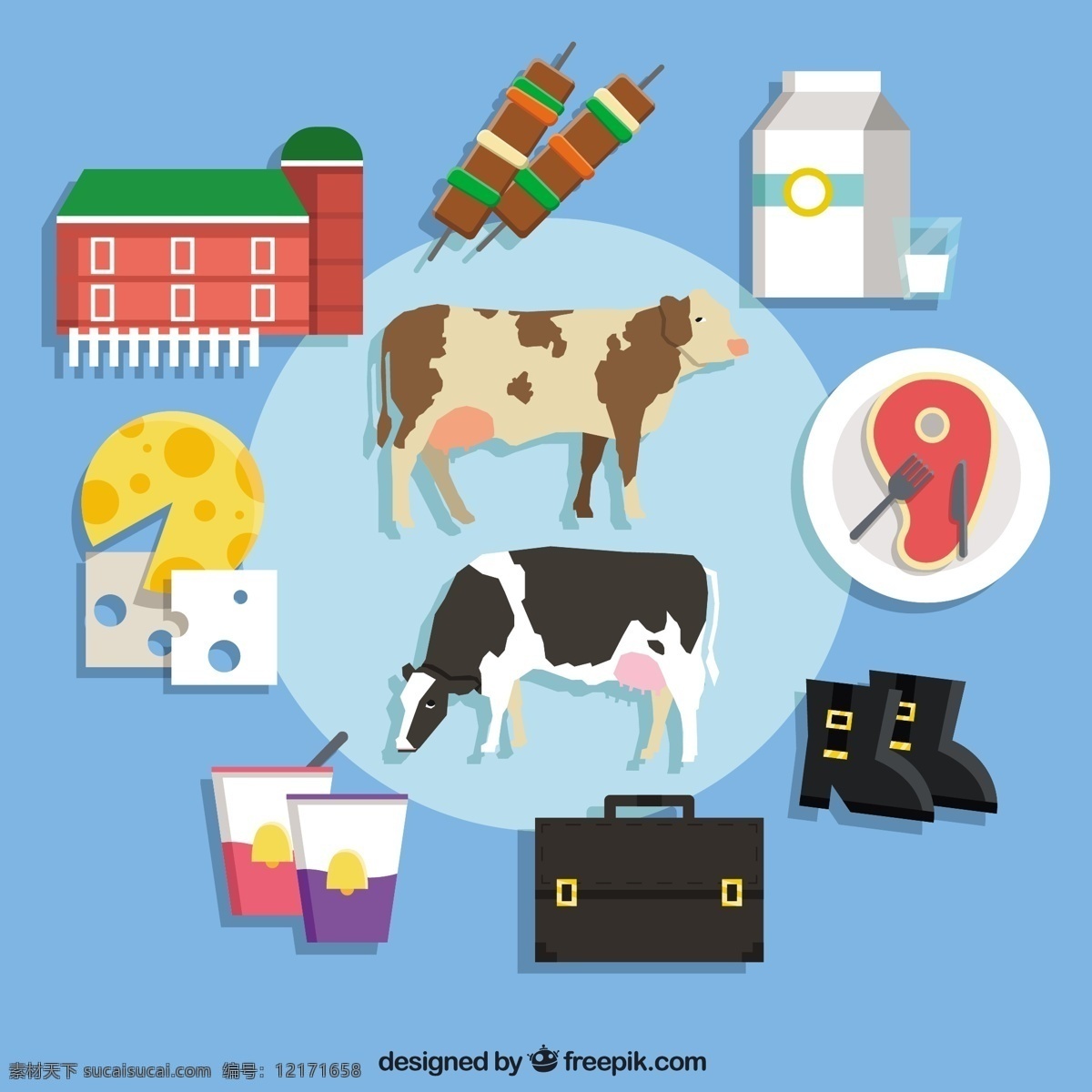 农业的图标集 图标 农场 花园 牛奶 奶牛 奶酪 牛肉 园艺 农业 收藏 青色 天蓝色