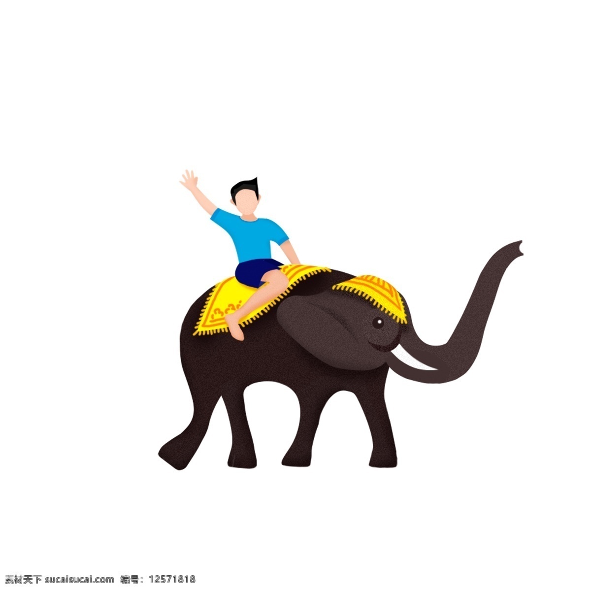 手绘 去 泰国 旅行 骑 大象 男人 卡通 插画 骑大象 旅游 人物