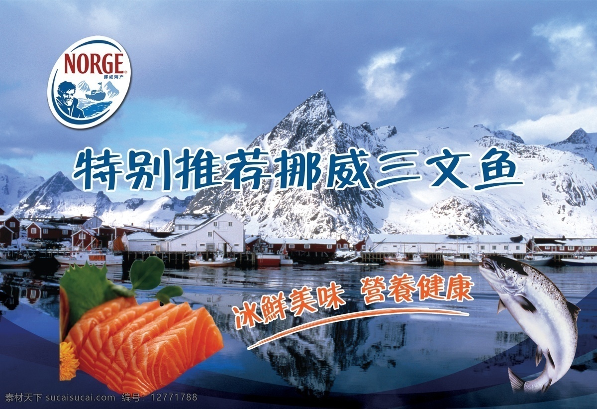 挪威三文鱼 logo 特别推荐 冰鲜美味 营养健康 地产 海报 分层 源文件