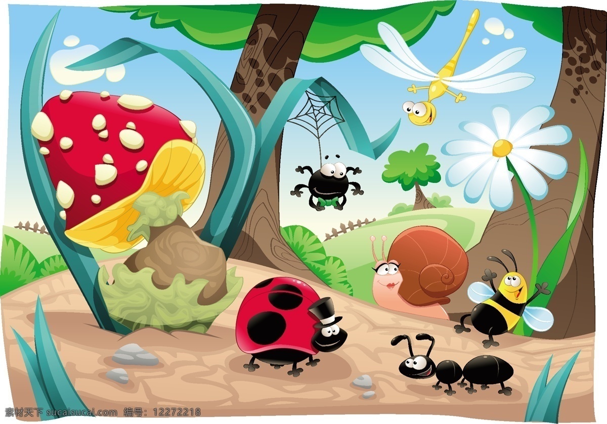 五颜六色 动物 卡通画 瓢虫 蜗牛 花朵 蜻蜓 蚂蚁 蘑菇 树木 天空 卡通形象 矢量人物 矢量素材 白色