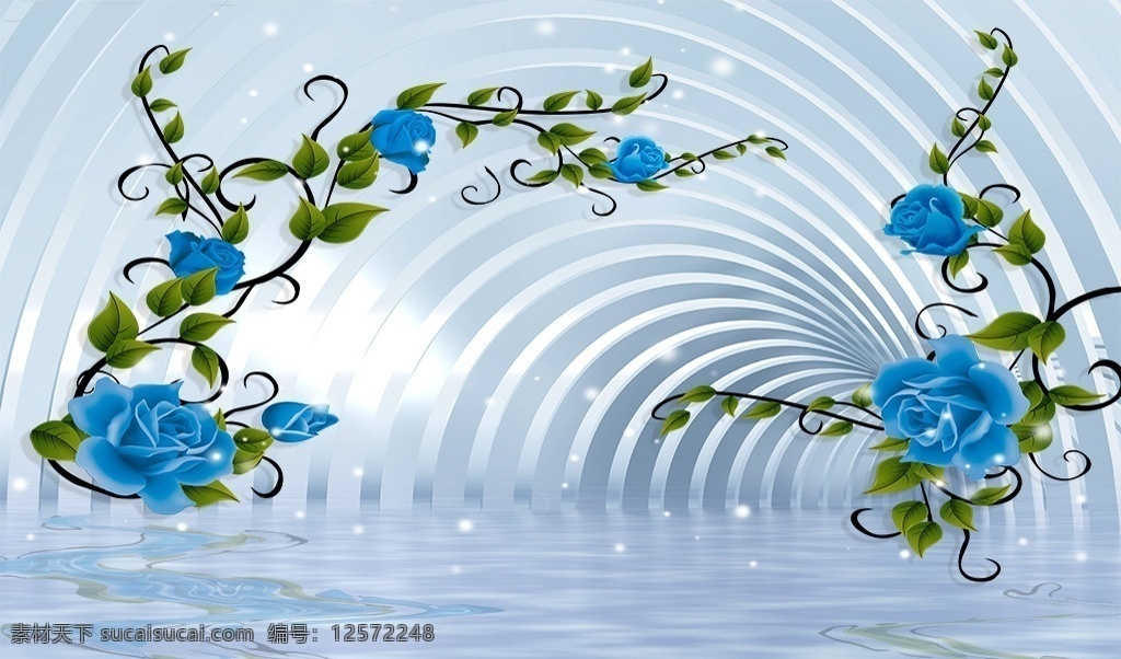 3d 倒影 蓝色 玫瑰 背景 墙 分层 弧形 空间 妖姬 源文件 电视背景墙 背景墙系列