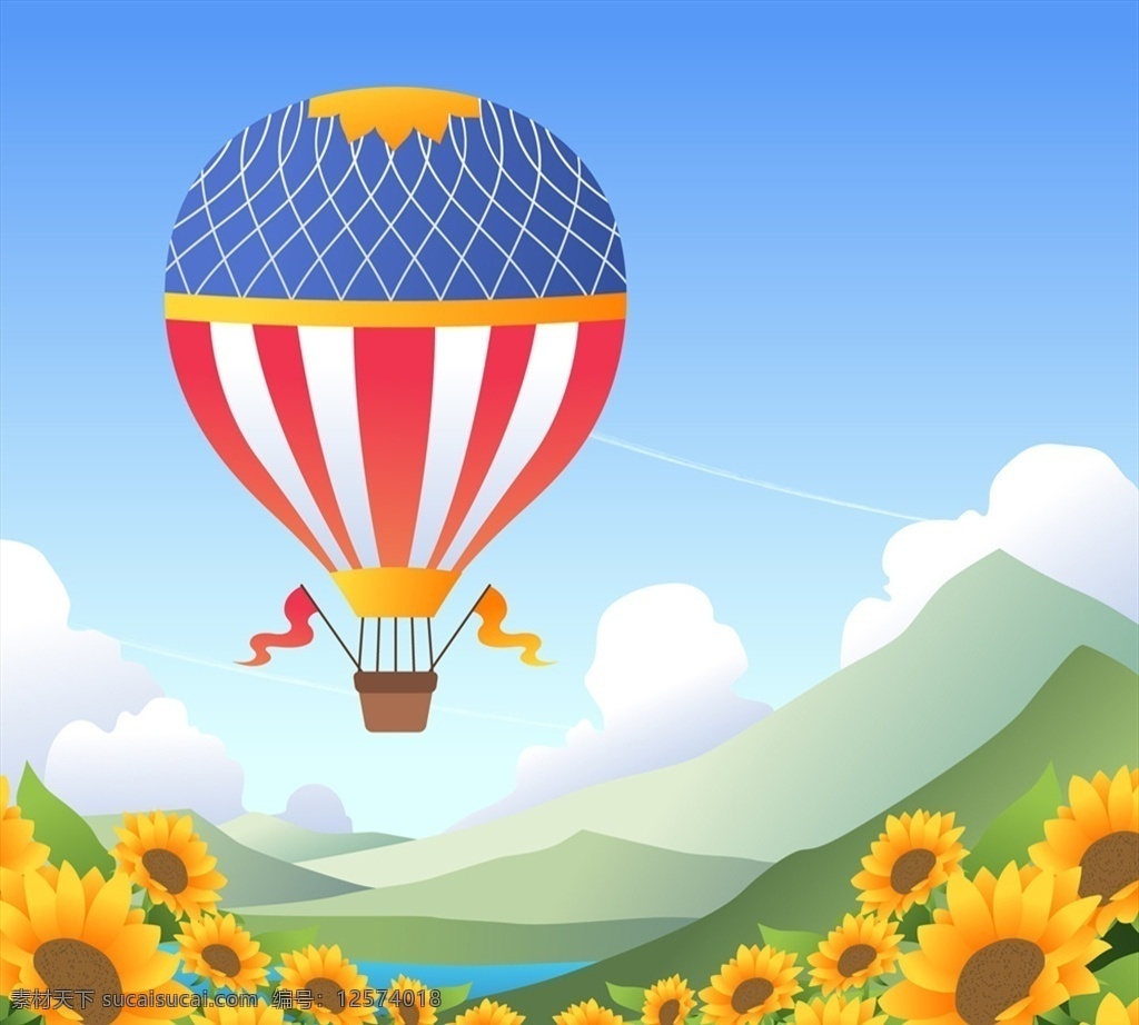 创意 向日葵 花海 上 热气球 向日葵花 云朵 山 河流 文化艺术 节日庆祝