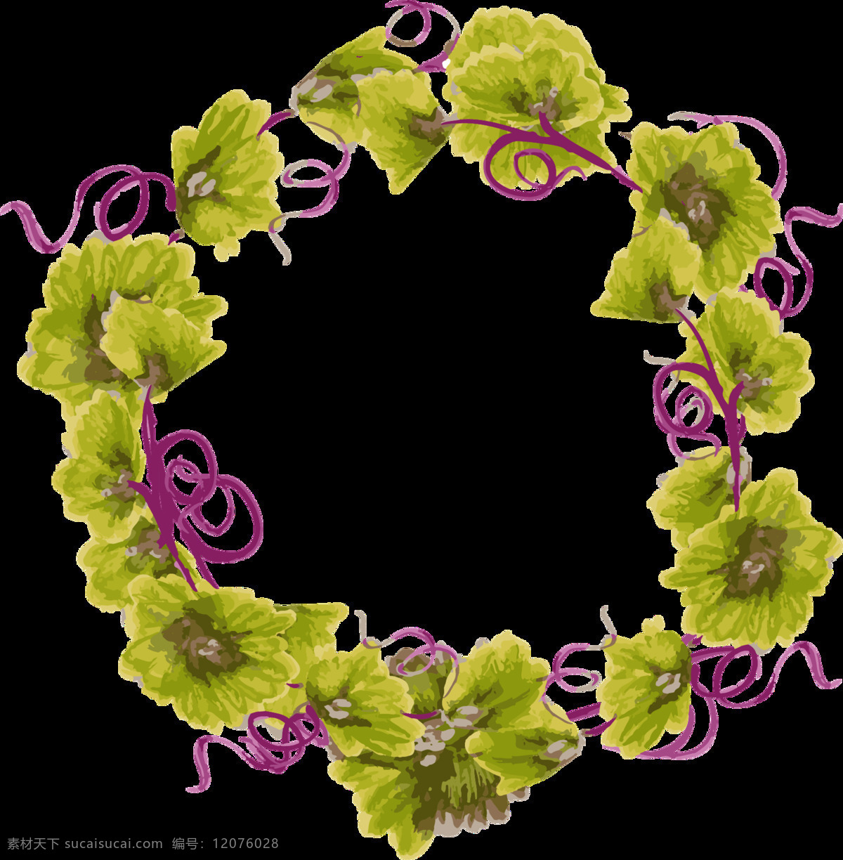 浪漫 土黄色 花朵 手绘 花环 装饰 元素 花瓣 花环图案 深绿色花朵 紫色彩带