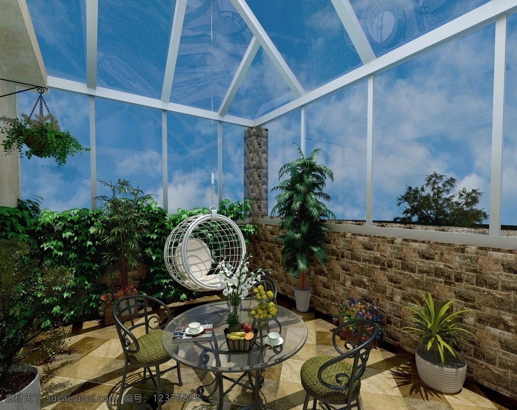 简 欧 地中海 玻璃 阳光房 简欧 吊篮 植物 楼顶 3d设计 max