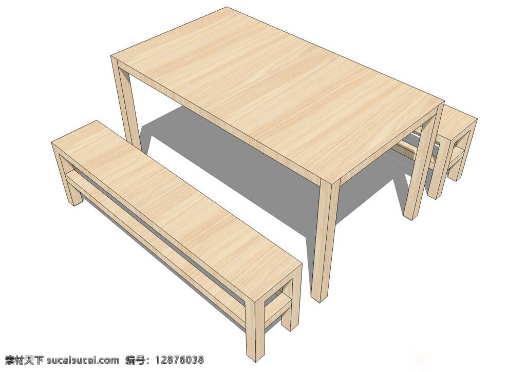 木制 长桌 综合 模型 效果图 木纹 浅色 凳子 桌子 3d模型 家居效果图 综合模型 模型效果图