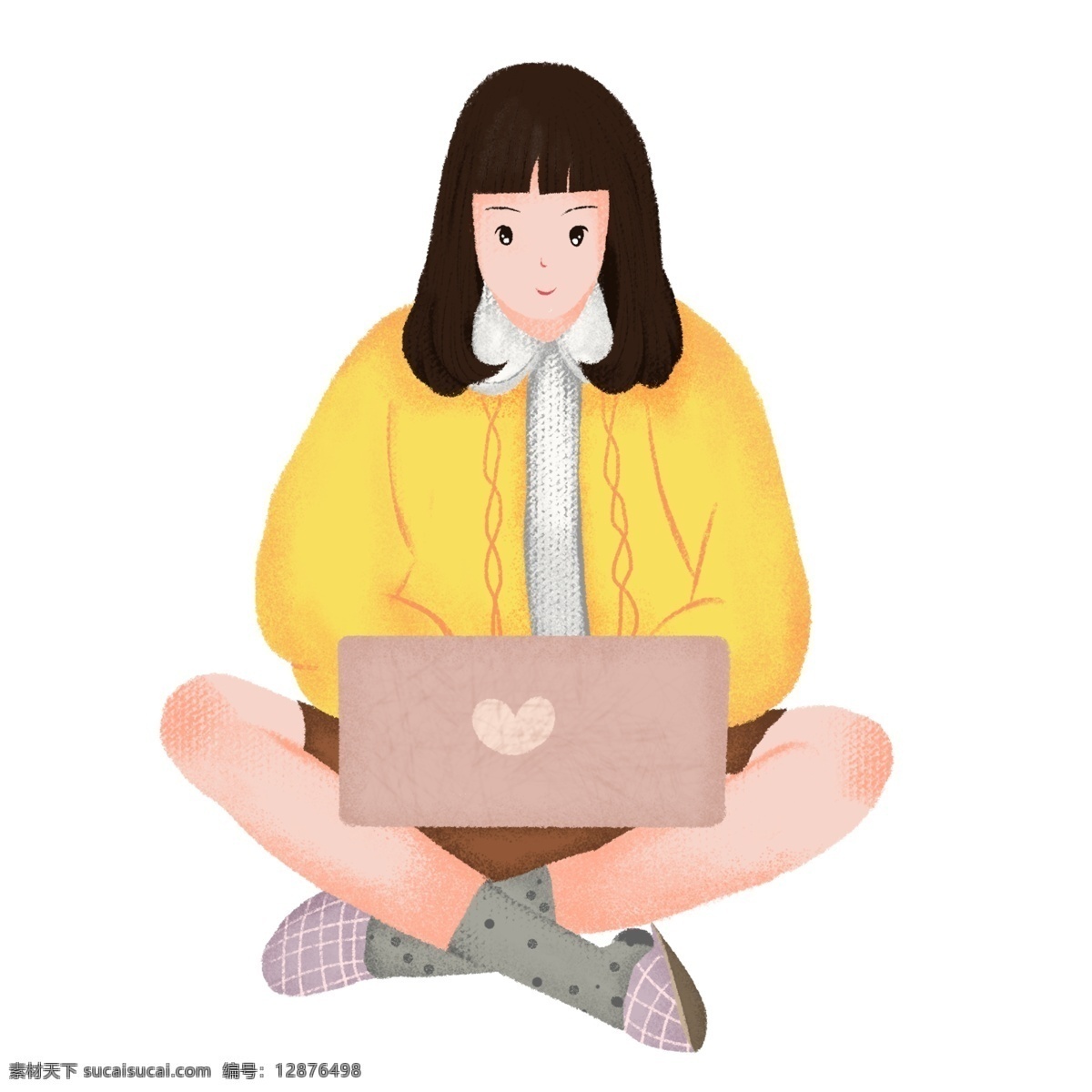 卡通 玩电脑 长发 女生 插画 玩电脑的女生 长发女生 卡通人物插画 玩电脑的人物 坐着的人物 工作中的少女
