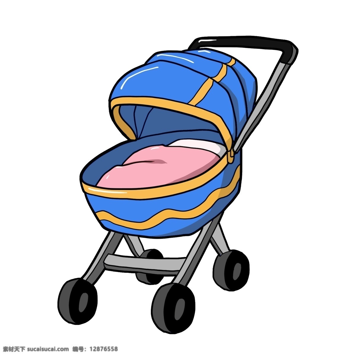 婴儿用品 卡通 手绘 插画 婴幼儿 婴儿车 蓝色的婴儿车 手推车 防晒 避震 黄色 手绘插画 彩色