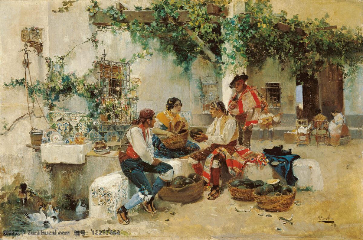 华金 索罗 拉亚 巴斯蒂 达 作品 西班牙画家 乡间 农民卖瓜 民居 19世纪油画 油画 文化艺术 绘画书法