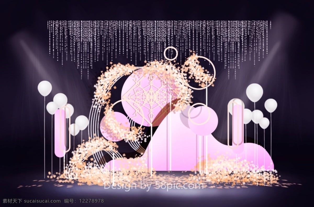 紫色 浪漫婚礼 效果图 浪漫 简约 几何 气球 圆形 铁环 渐变 西式 婚礼迎宾区