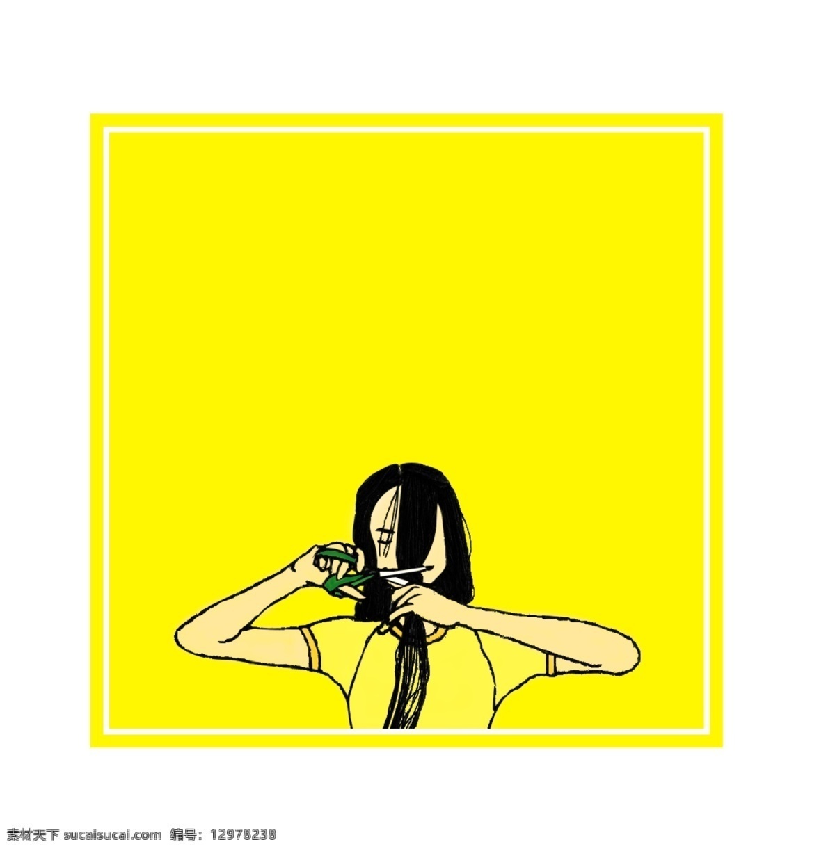黄色 卡通 手绘 长发 美女 边框 元素 几何 正方形 女孩 剪头发