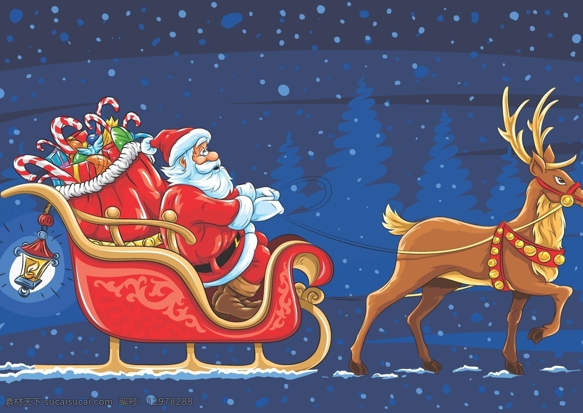 圣诞插画 圣诞老人 小鹿 麋鹿 礼物 雪橇 圣诞夜 圣诞节 圣诞素材 人物矢量 雪花 卡通画 卡通插画 卡通背景 卡通底纹 矢量 背景底纹