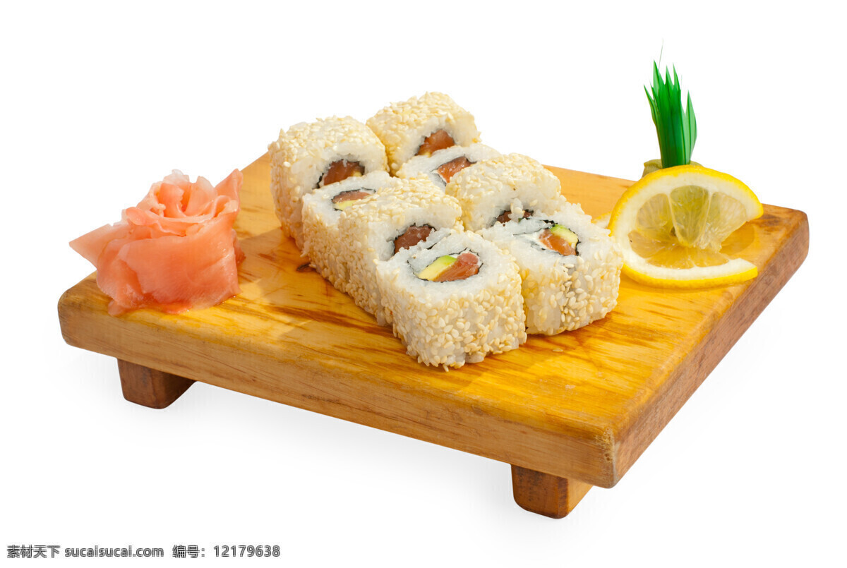 日本 寿司 食物 餐饮美食 美味 可口 糯米卷 柠檬片 生鱼片 木板 日本料理 外国美食