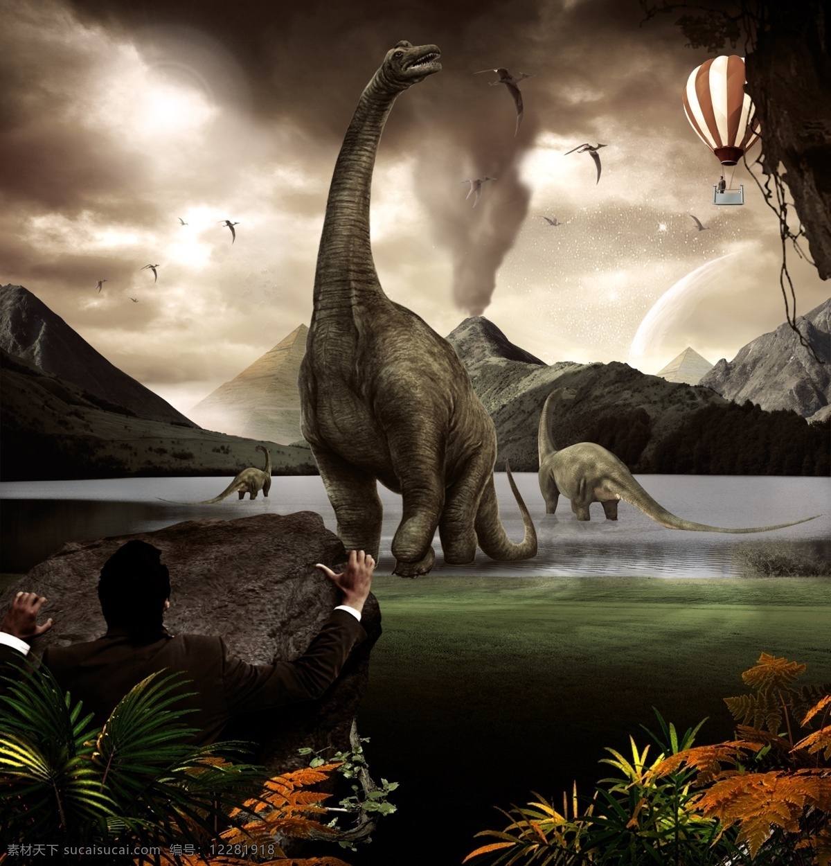 发现侏罗纪 发现 侏罗纪 恐龙 火山 湖 广告设计模板 源文件