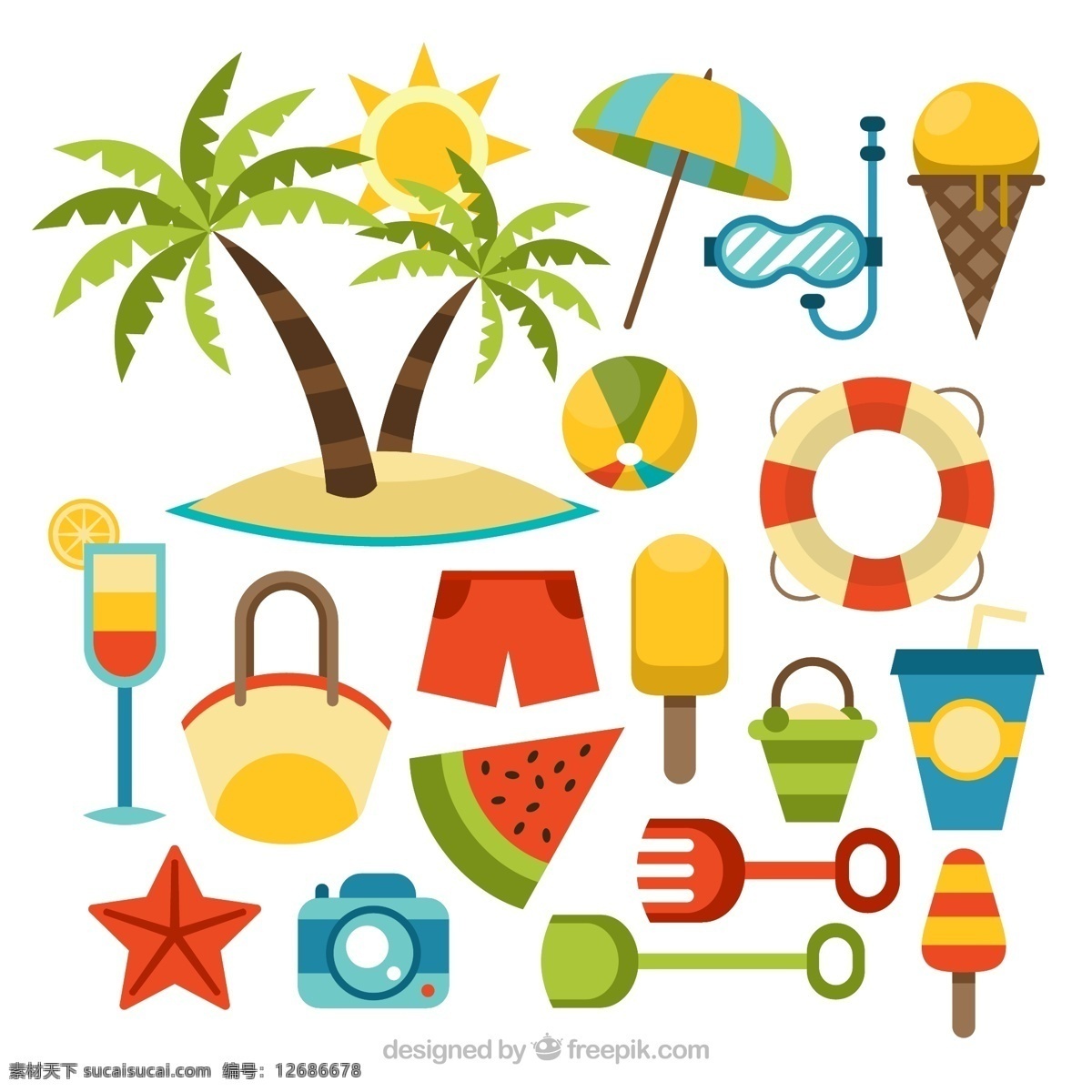 款 彩色 夏季 度假 元素 矢量 椰子树 西瓜 香槟 太阳 矢量素材 水彩 遮阳伞 装饰图案 冰棍
