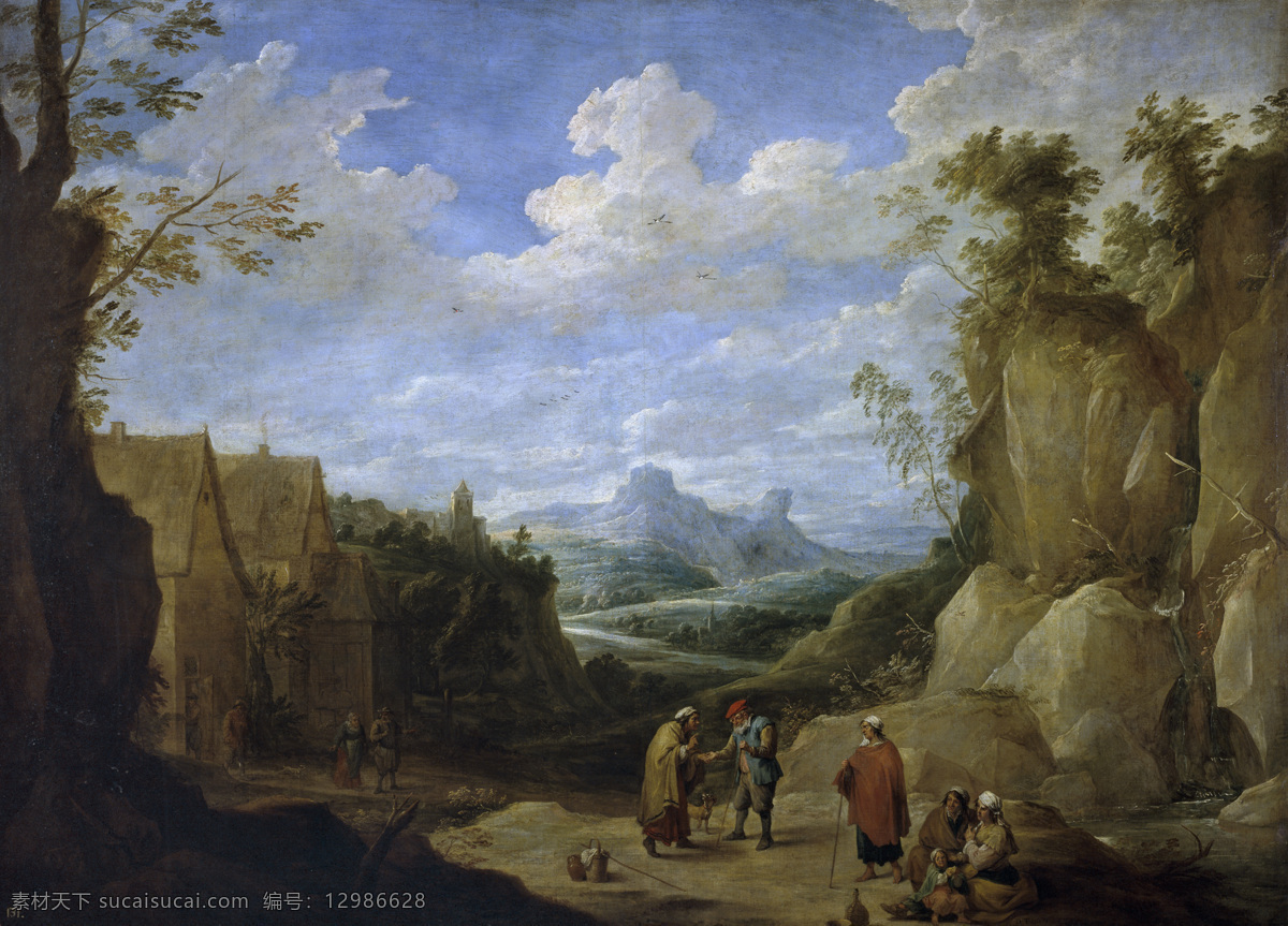 century 大师 画家 古典 画 建筑 景物 装饰画 油画 gitanos con paisaje david teniers 人物 高清 西方 国外 现代 家居装饰素材