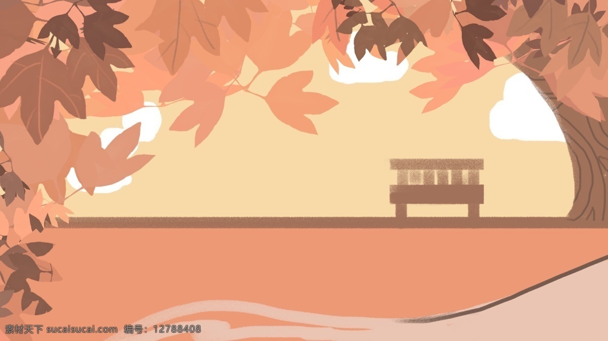 浪漫 秋季 公园 广告 背景 树木 枫叶 大树 树叶 长椅 手绘 广告背景