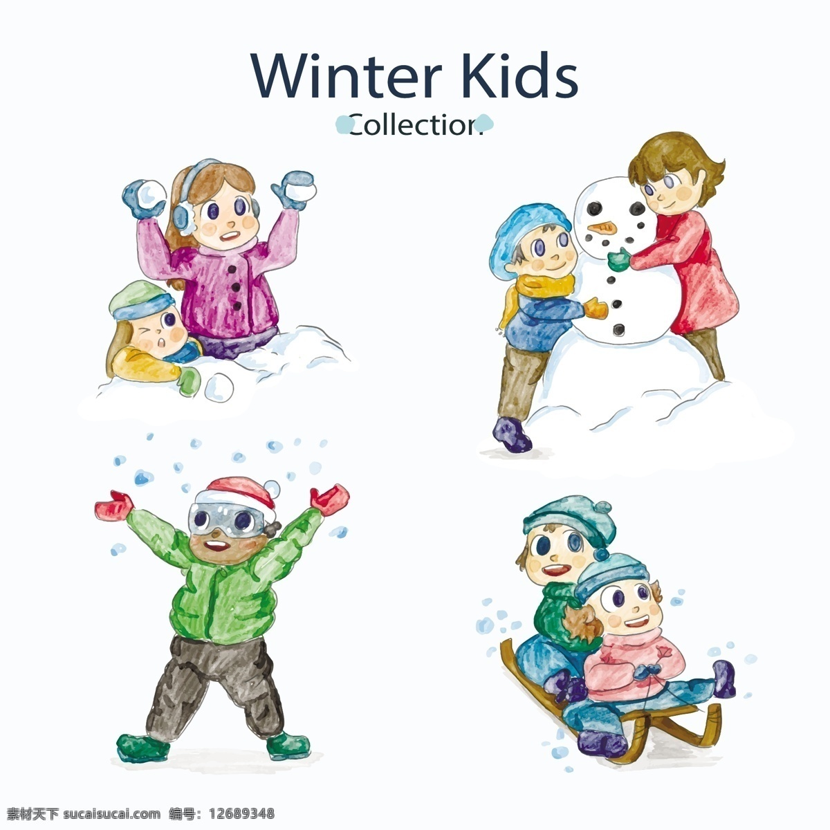 玩 雪球 卡通 人物 插画 风格 矢量 源文件