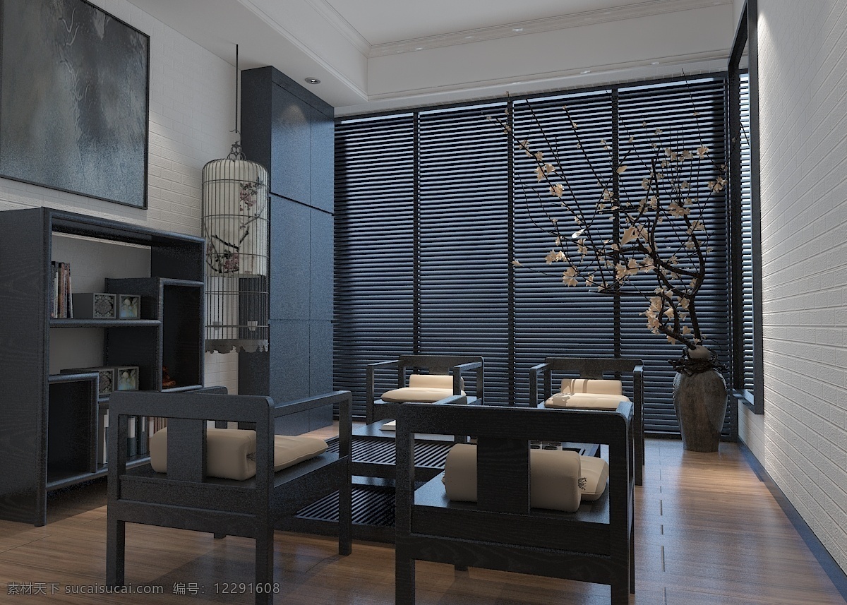 中式 客厅 三维 模型 图 新中式 暗色调 三维模型 灯光渲染