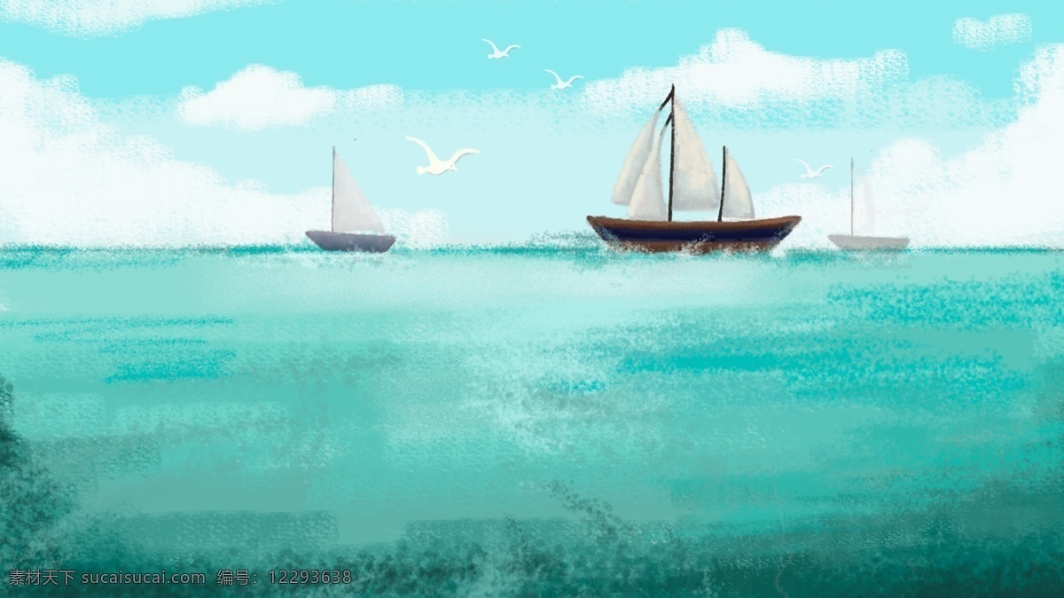 绿色 水面 上 行驶 帆船 卡通 背景