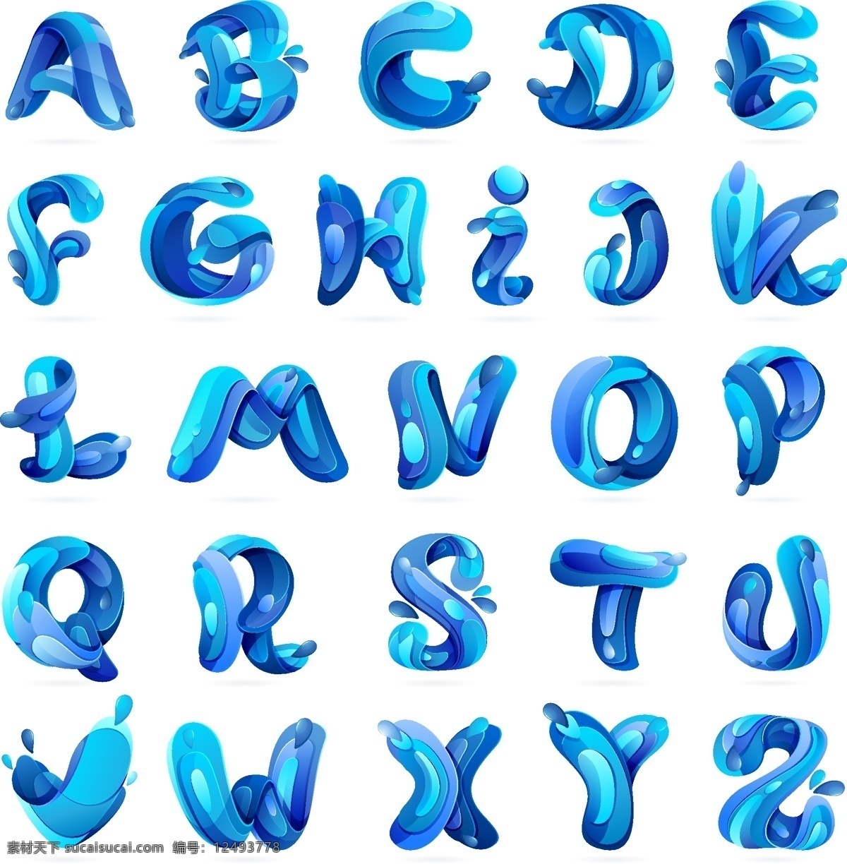 蓝色 水 字母 矢量 英文字母 艺术字 矢量图 高清图片
