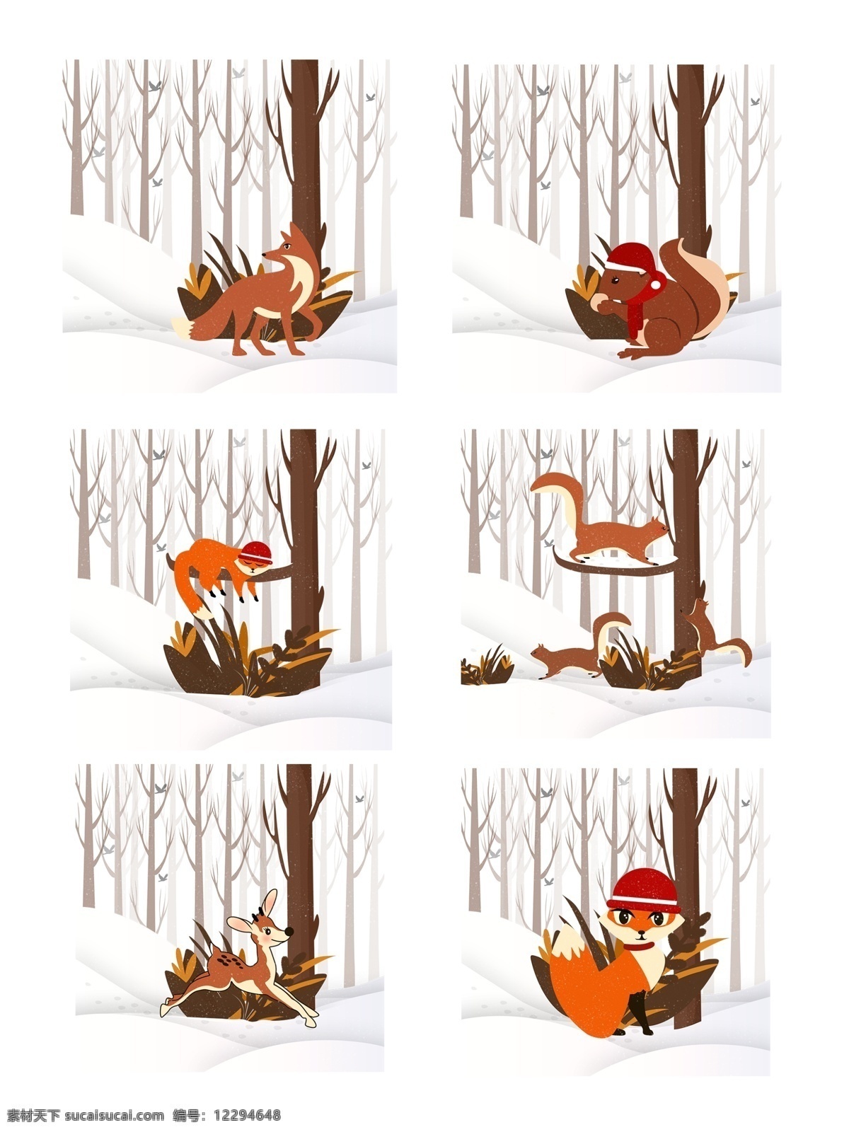 冬季 可爱 小 动物 元素 套 图 小动物 松鼠 小鹿 狐狸 雪地 冬季元素 动物元素 冬季树林