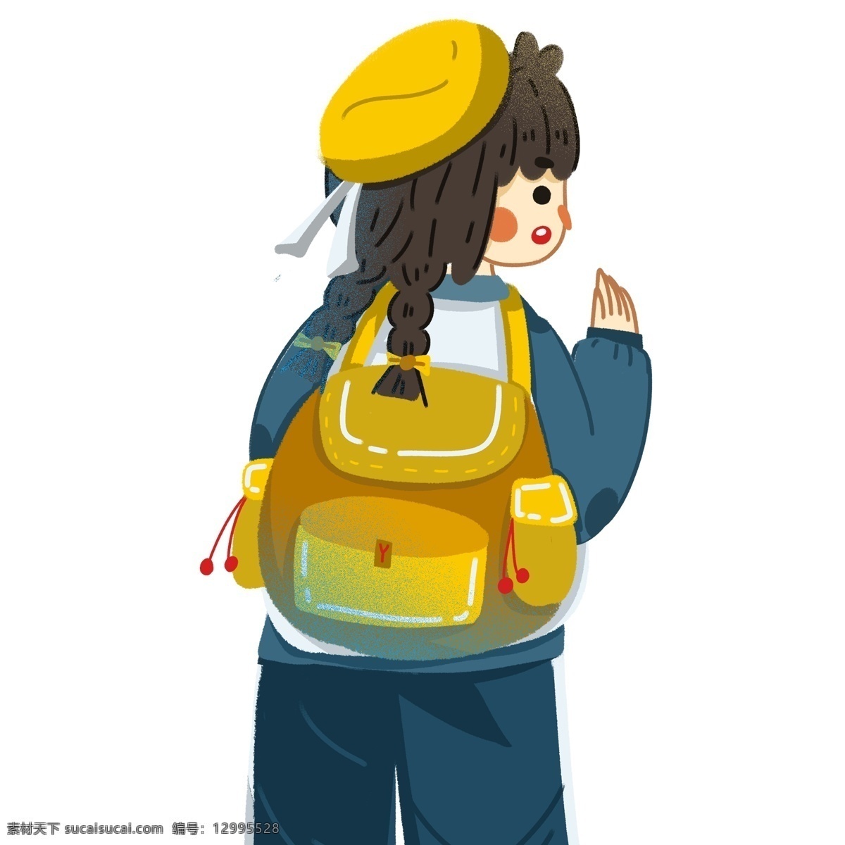卡通 可爱 背着 书包 上学 女孩 女生学 人物 学生 背包 插画 开学季