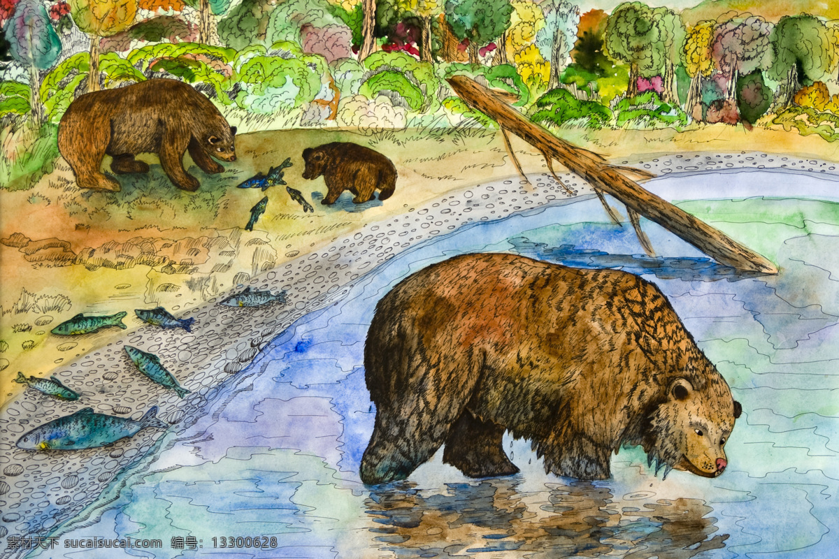 水彩棕熊插画 吃鱼的的棕熊 卡通棕熊 水彩动物插画 绘画艺术 水彩画 陆地动物 生物世界 黑色