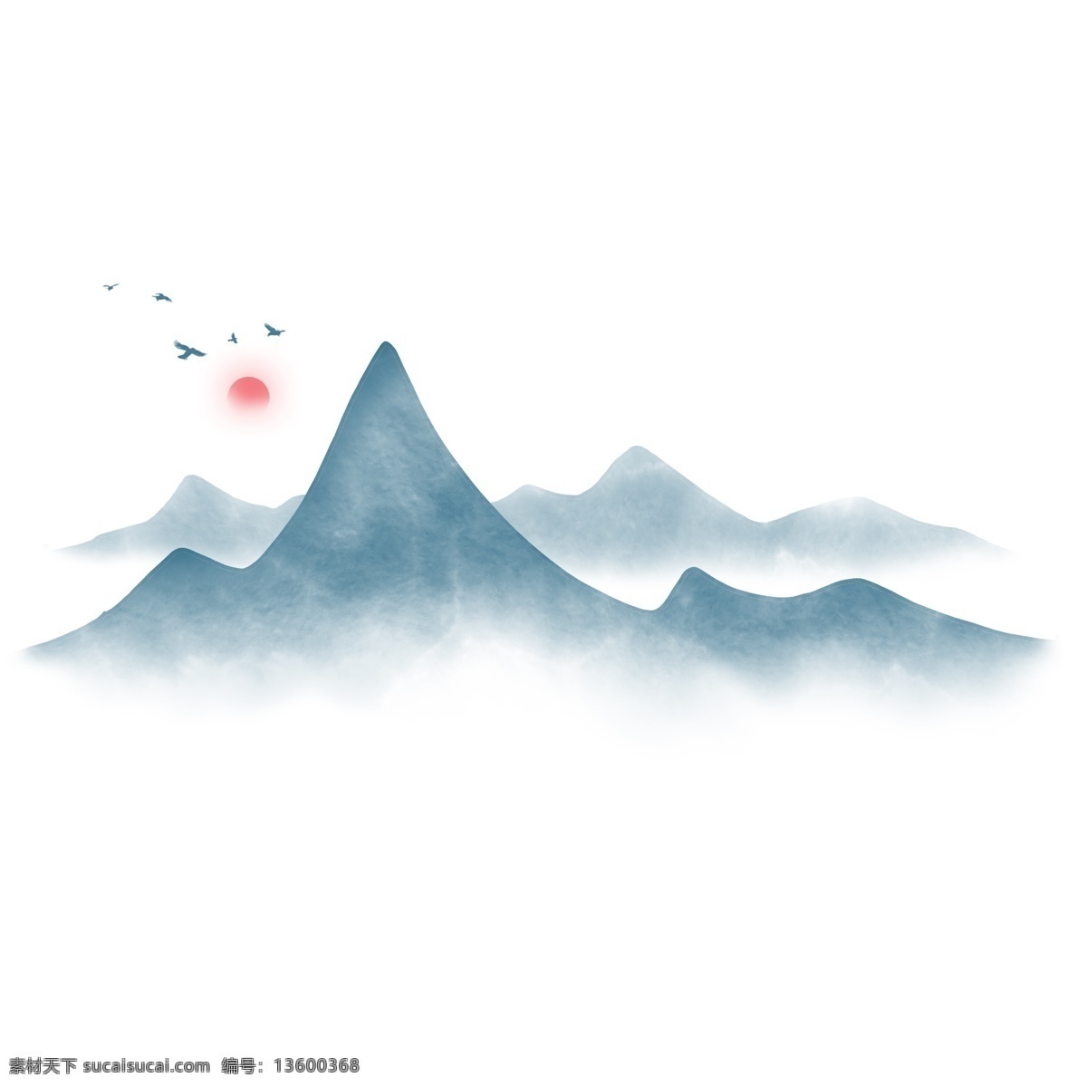手绘 水墨 山中 国风 飞鸟 背景 古典 商用 元素 中国风 山脉 山 红日