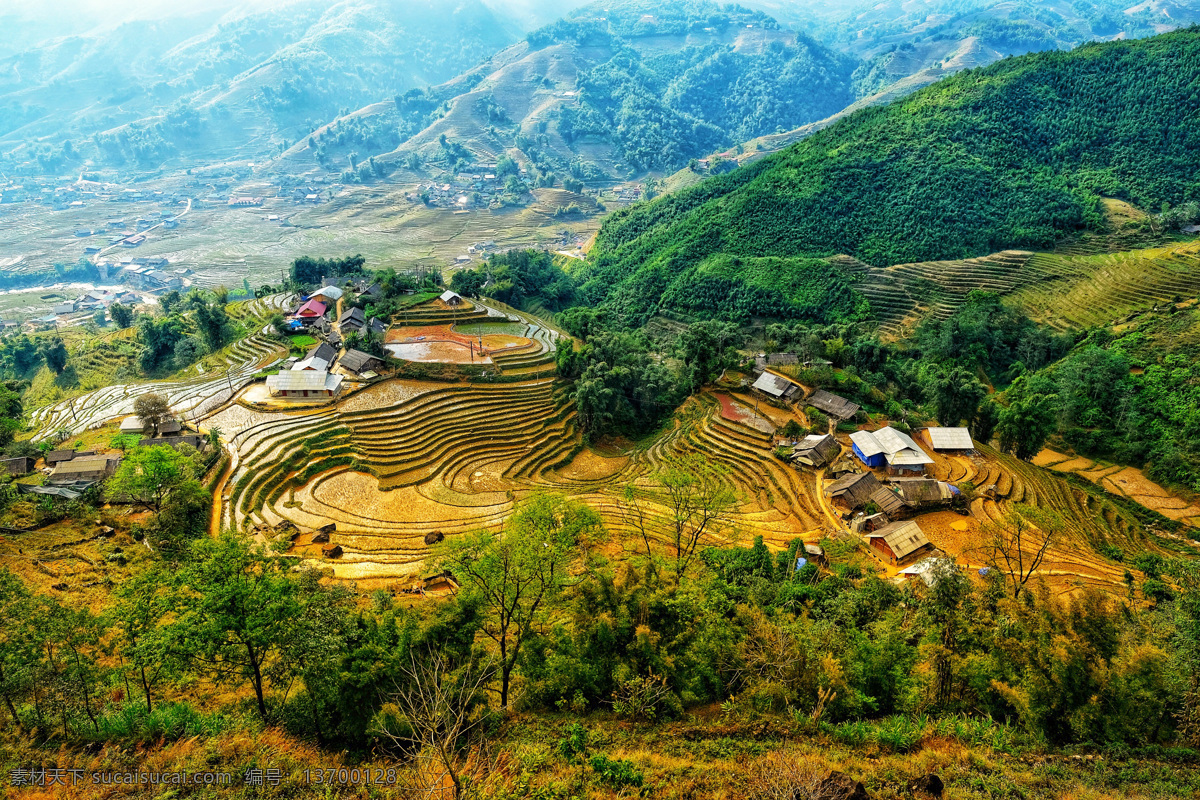 越南 山 田地 房屋 田园 梯田 树林 树木 大山 山林 建筑物 天空 大自然 田园风景 田园风光 大田 自然景观