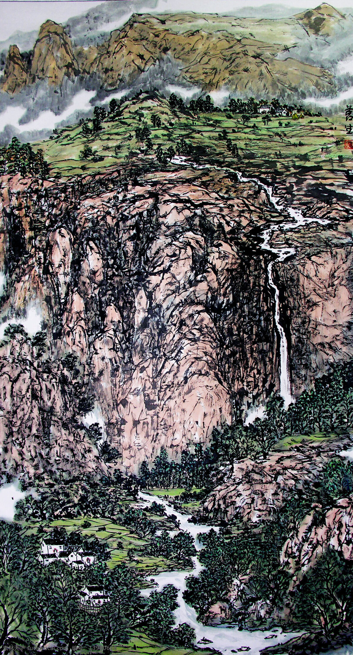 房屋 国画 绘画书法 美术 农家 瀑布 山村 山岭 山水图 水墨画 山水 水田 树木 溪流 远山 云雾 书法 印章 国画集10 文化艺术 家居装饰素材 雕刻 图案