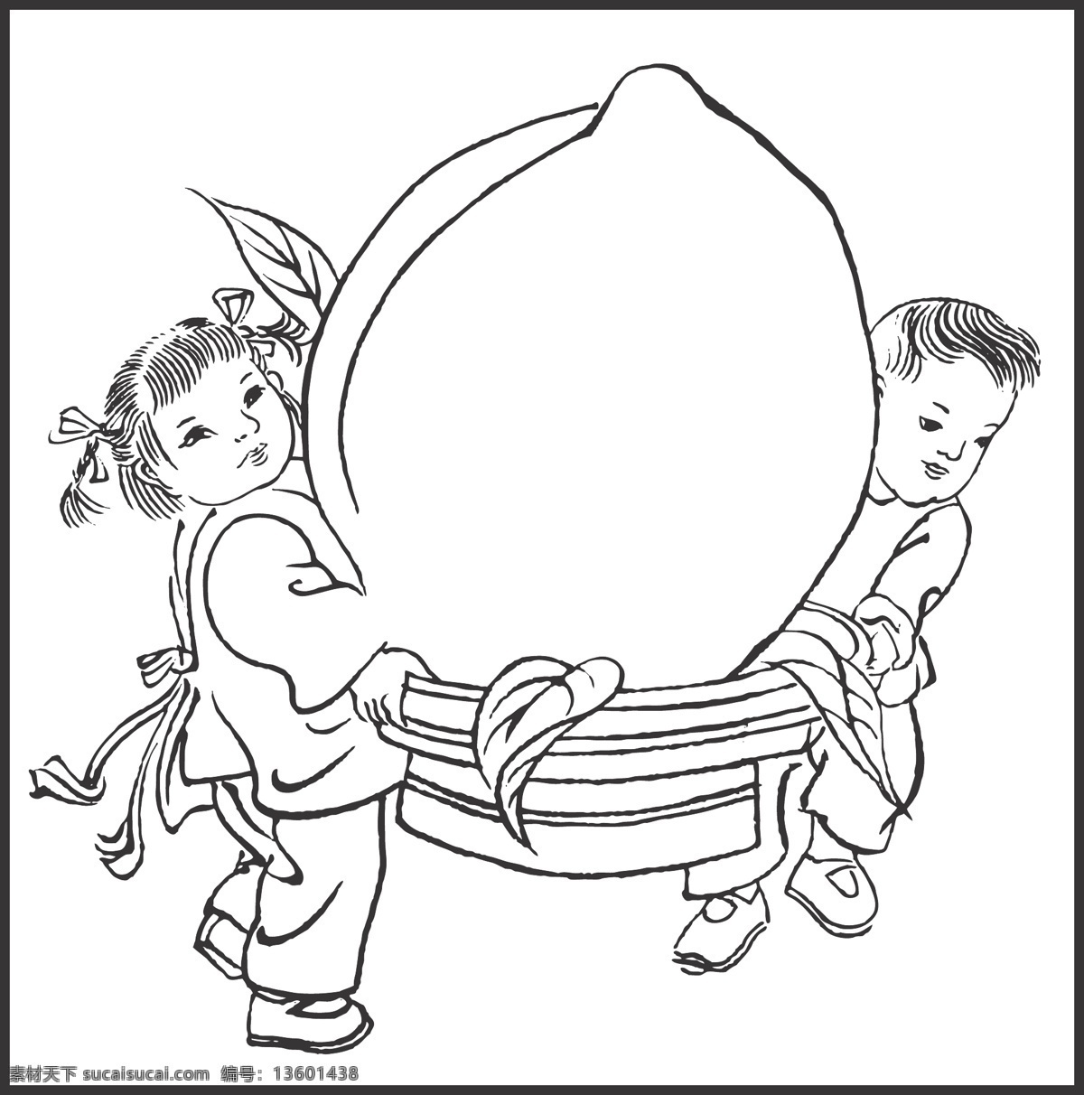 贺寿 桃子 丰收 喜庆 儿童 可爱 大桃 线条 矢量 传统 装饰 插画 白描 人物图库 儿童幼儿