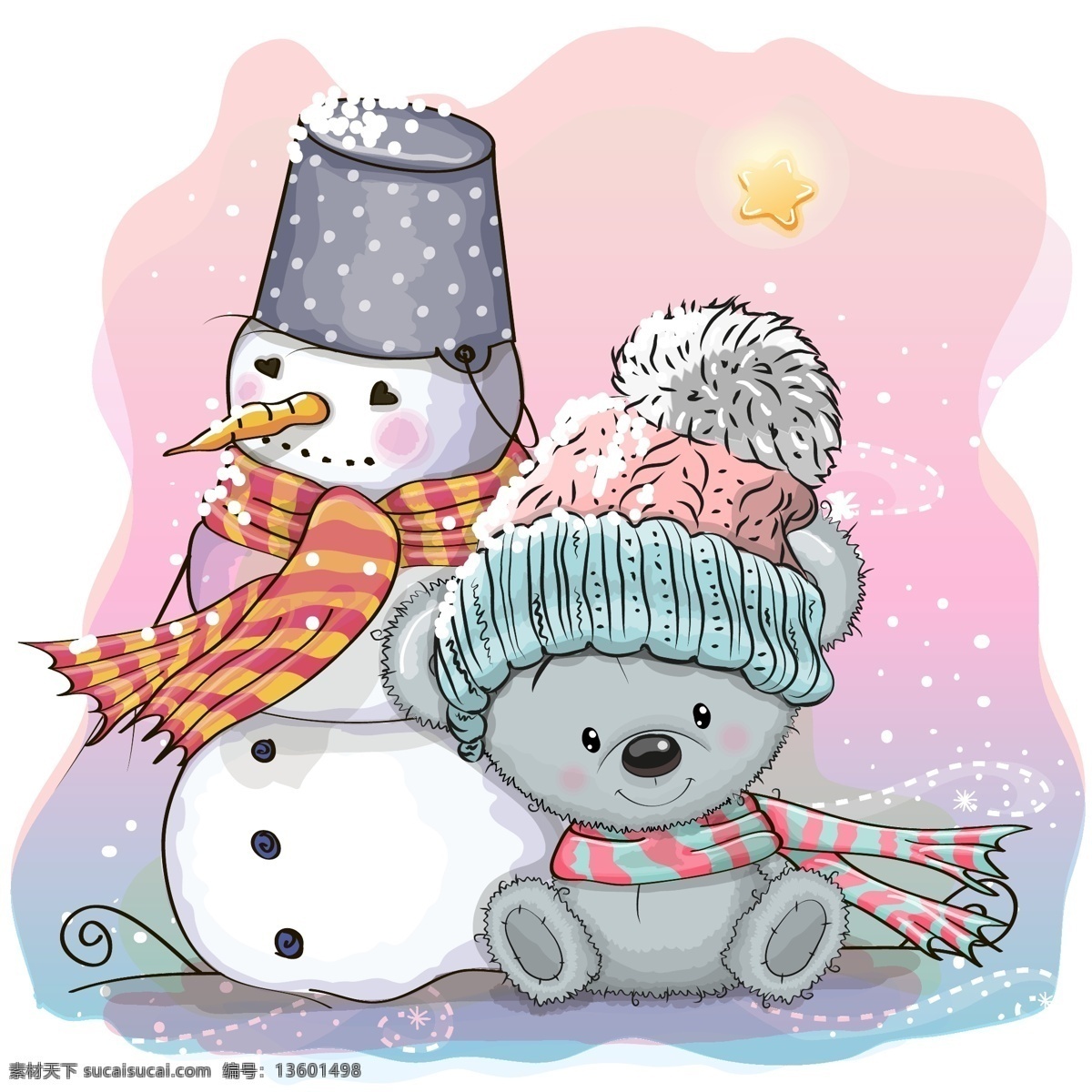 卡通冬季 雪人和熊 矢量素材 寒冷 卡通 冬季 雪人 熊 星星 雪花 围巾 帽子 矢量图 ai格式