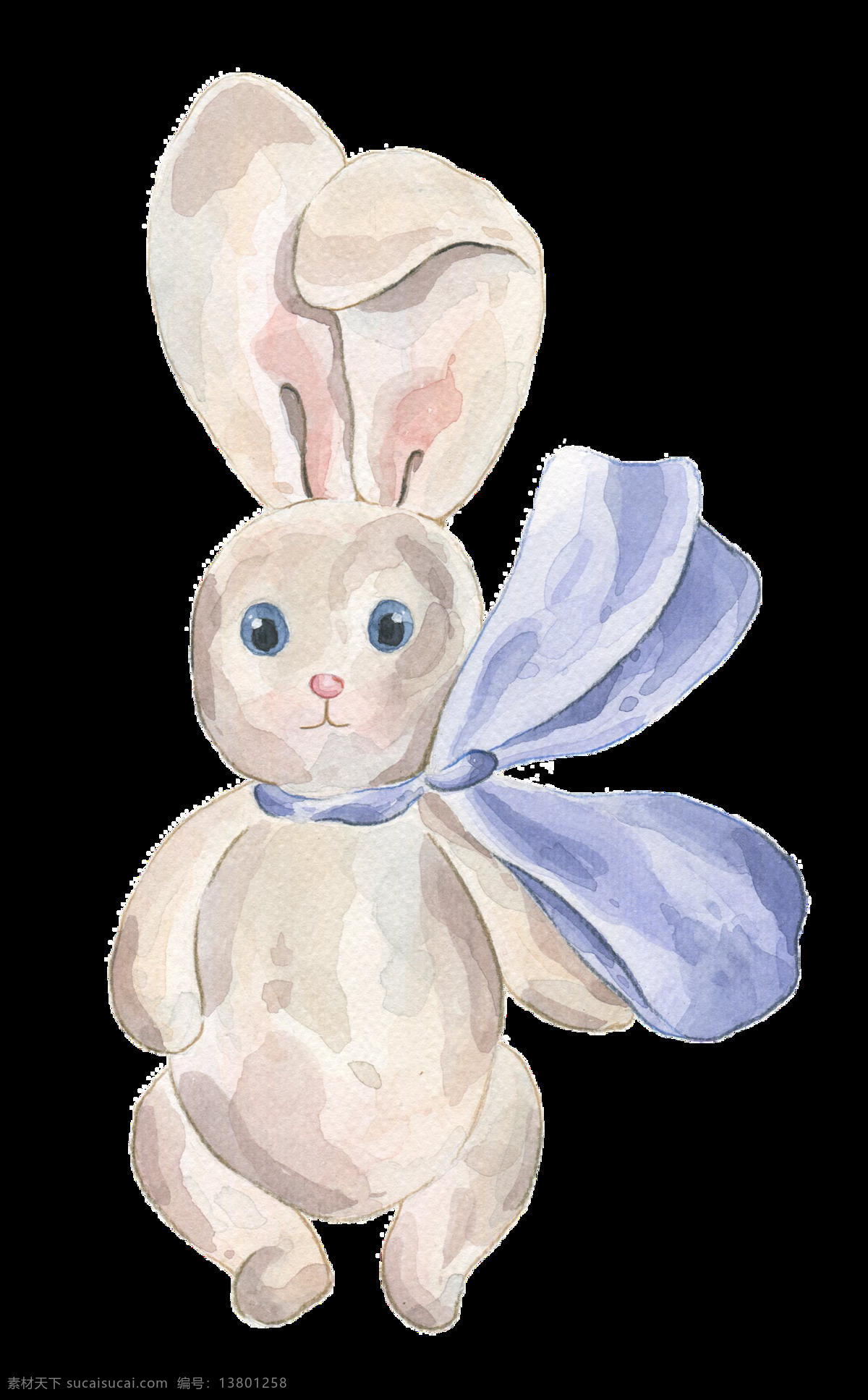 清新 水彩画 兔子 装饰 图案 蝴蝶结 蓝眼睛 大耳朵 一只兔子 玩偶