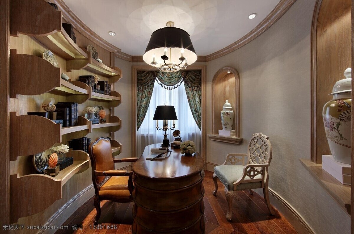 低 奢 优雅 美式 书房 装修 效果图 白色座椅 创意摆件 瓷瓶摆件 木地板 射灯 书房设计