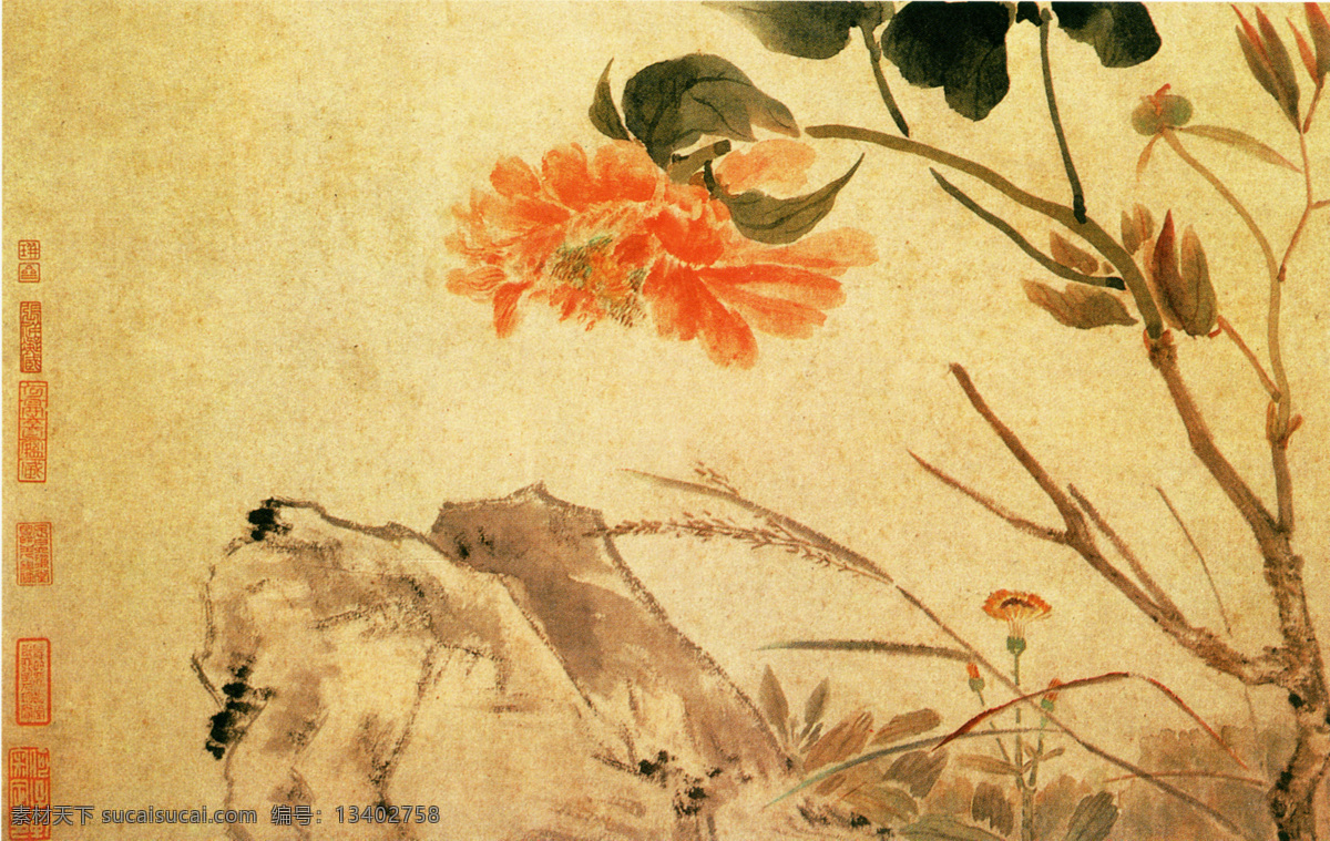 牡丹花 白鹤 丹顶鹤 动物 柳絮 梅花 飘絮 树干 树枝 杂草 竹子 植物 中国风 中华艺术绘画 文化艺术