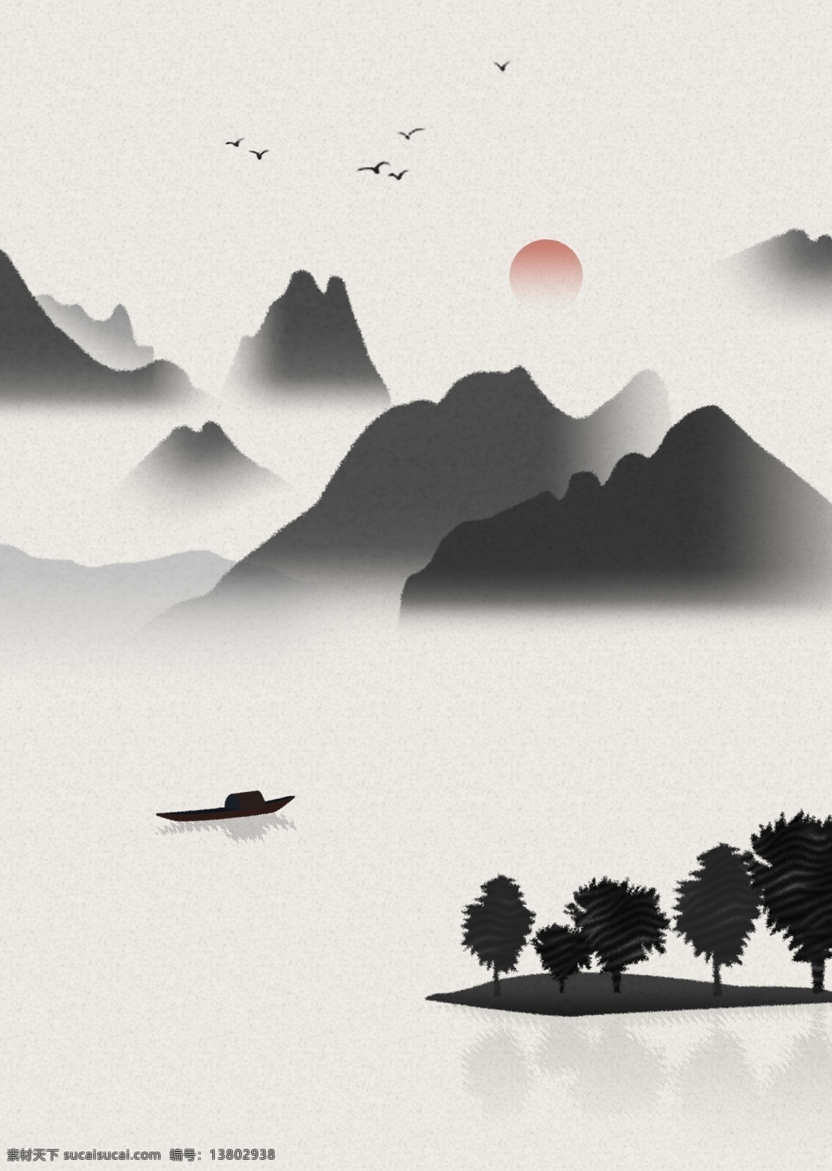 新 中式 水墨 群山 小船 客厅 书房 装饰画 装饰 背景图 无框画 山水画 床头画 长框画 书房卧室 客厅酒店 工笔画 远山 飞鸟 日落 装饰艺术 挂画