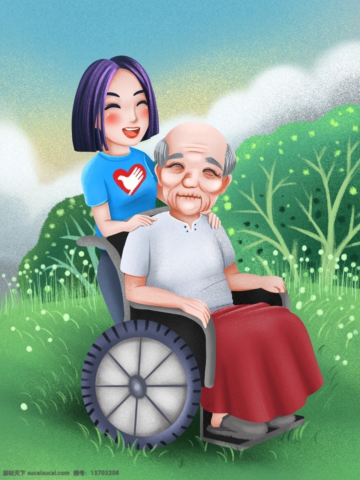 青年 志愿者 服务 日 女孩 照顾老人 老人 阳光 插画 女青年 轮椅 志愿者服务日 正能量