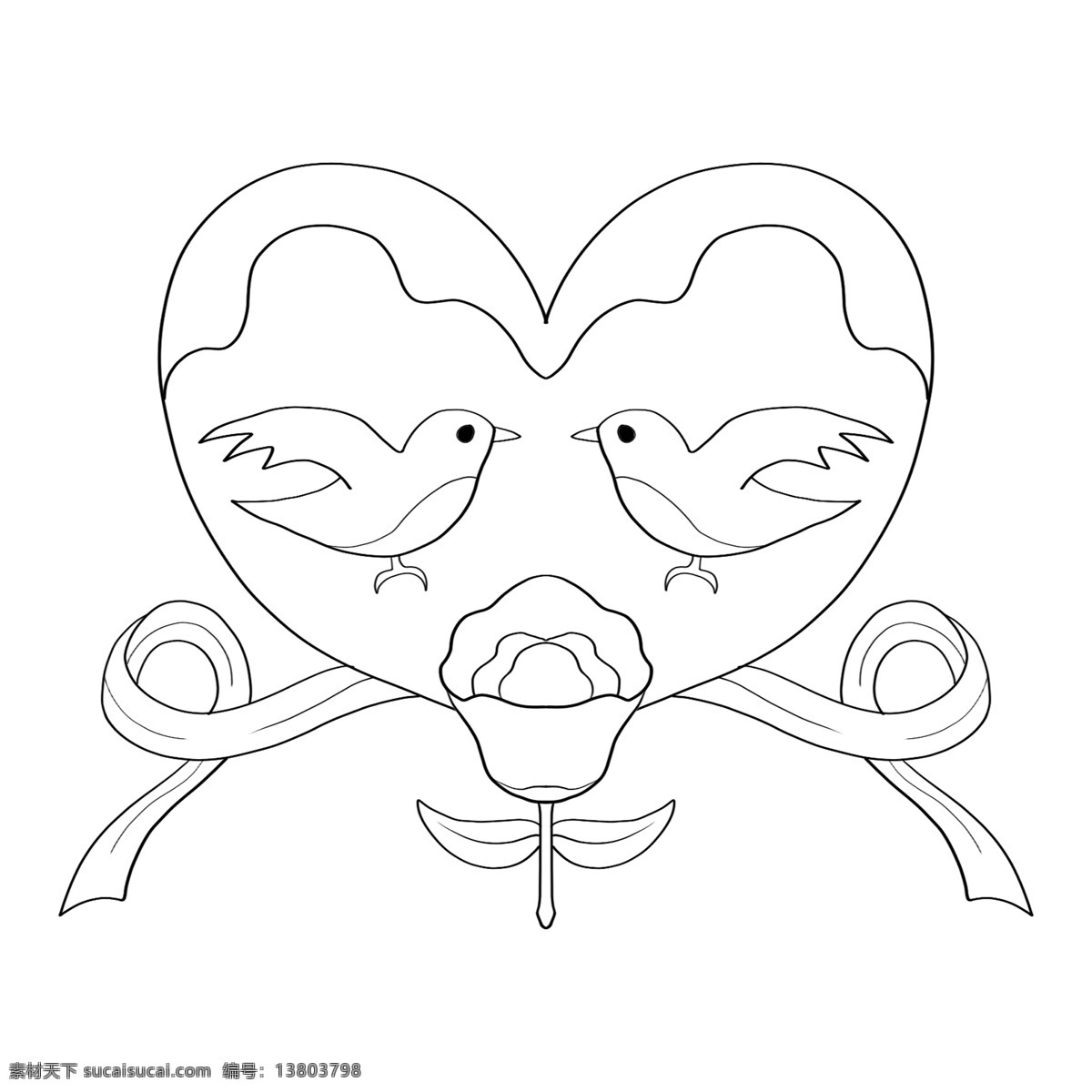 手绘 桃 心 爱情 鸟 插画 情人节 手绘爱情鸟 桃心 线描丝带 线描玫瑰花 线描爱情小物 爱情鸟插画 线描桃心