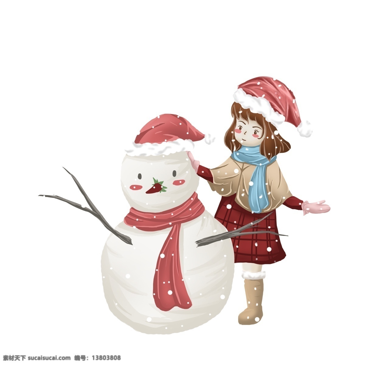 圣诞节 清新 唯美 大雪 中 堆 雪人 女孩 雪花 插画 手绘 节日 下雪天 堆雪人 少女
