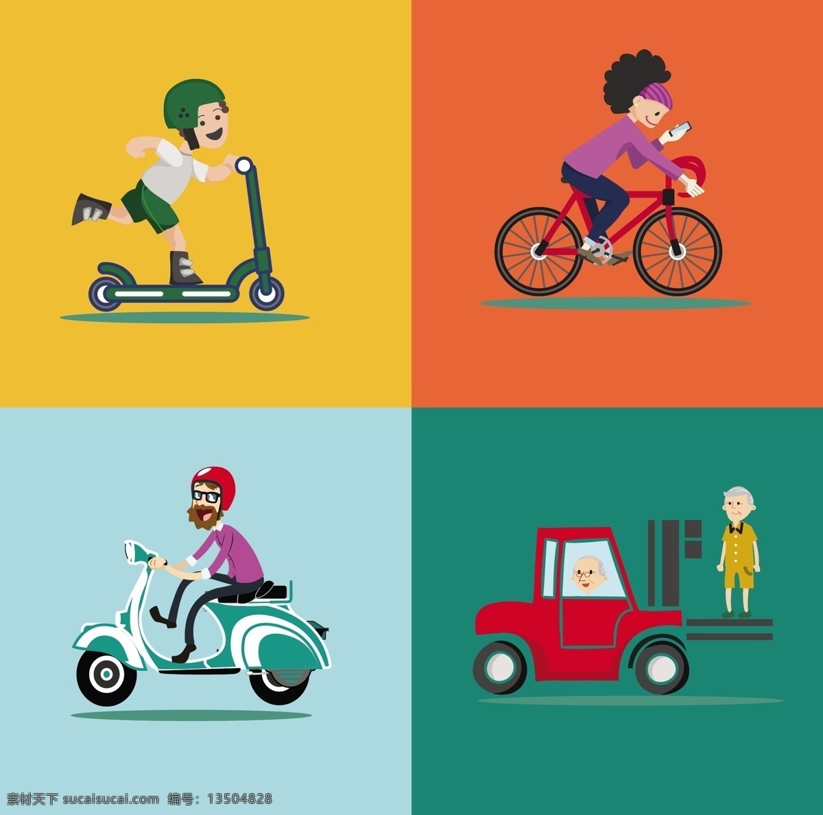个人 车辆 向量 平面 彩色 插图 风格 自由 车 汽车 摩托 自行车 交通工具