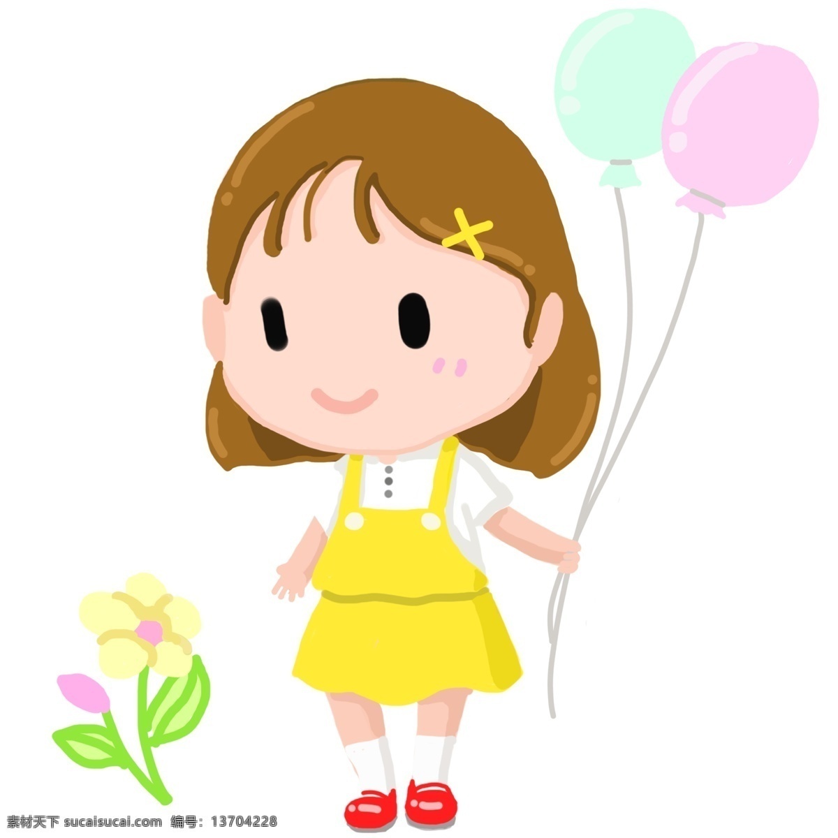 卡通 小女孩 手 气球 黄色裙子 彩色气球 卡通可爱女孩 黄头发女孩 黄色小花插画 小女孩插画