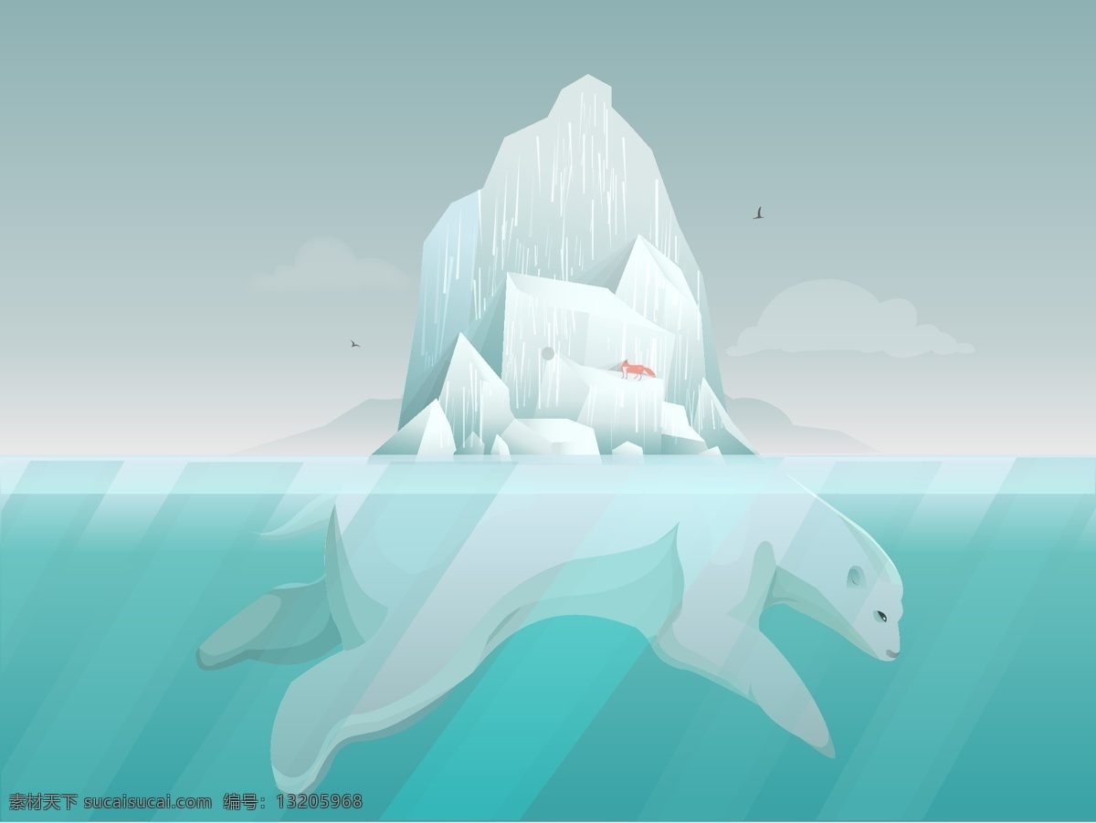 绘制 创意 北极熊 托 冰川 效果 插画 文化艺术 绘画书法