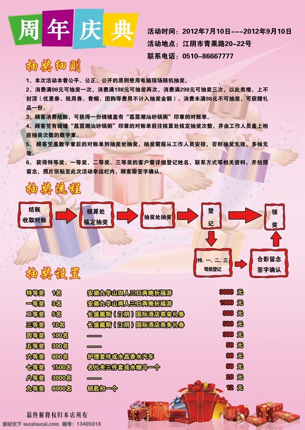 周年庆典 宣传单 抽奖设置 抽奖流程 抽奖细则 粉红色背景 礼物盒 翅膀礼物盒 方框 dm宣传单 广告设计模板 源文件