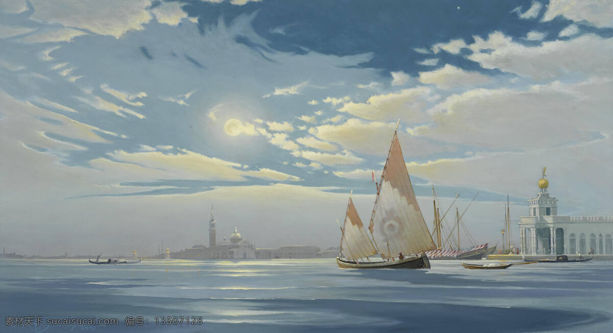 出海 油画 意大利 水城 威尼斯 日出 帆船出海 19世纪油画 绘画书法 文化艺术 灰色