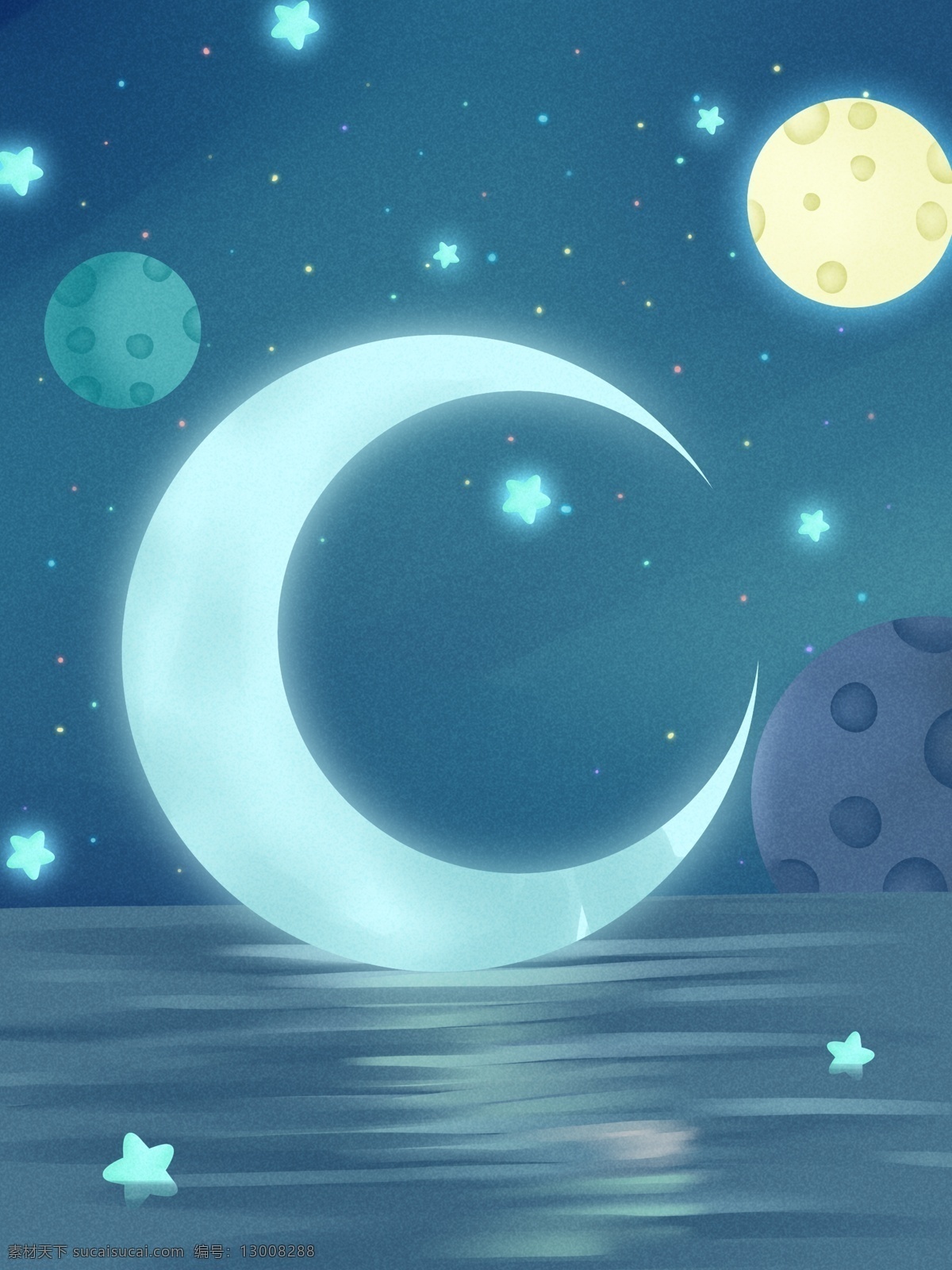 唯美 海上 明月 星空 晚安 背景 晚安背景 月亮 星空背景 大海 背景设计 手绘背景 通用背景 特邀背景 促销背景