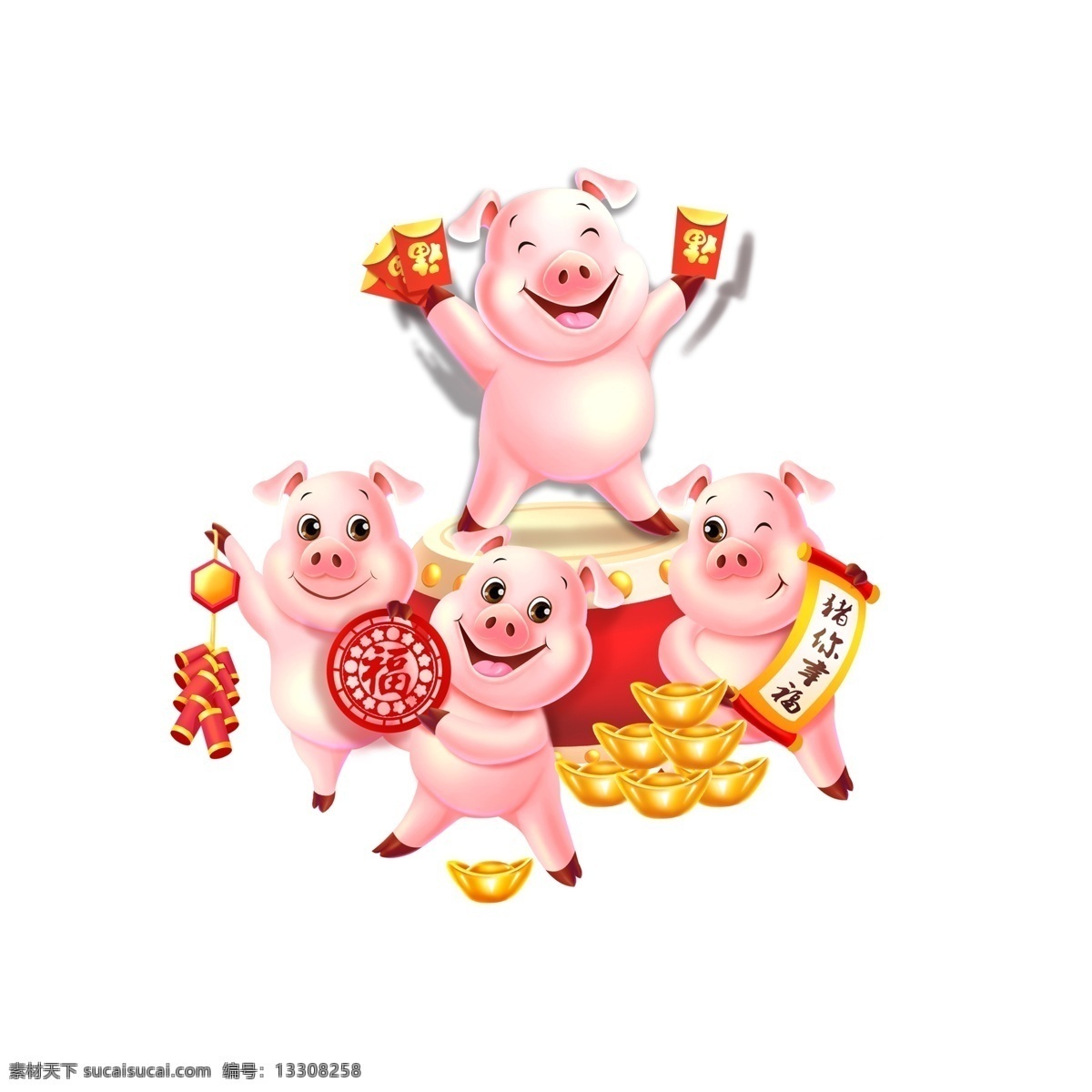 2019 猪 事 顺利 拜年 元素 鞭炮 元宝 简约 创意元素 新年 猪年 新年红包 元素装饰 手绘元素 psd元素