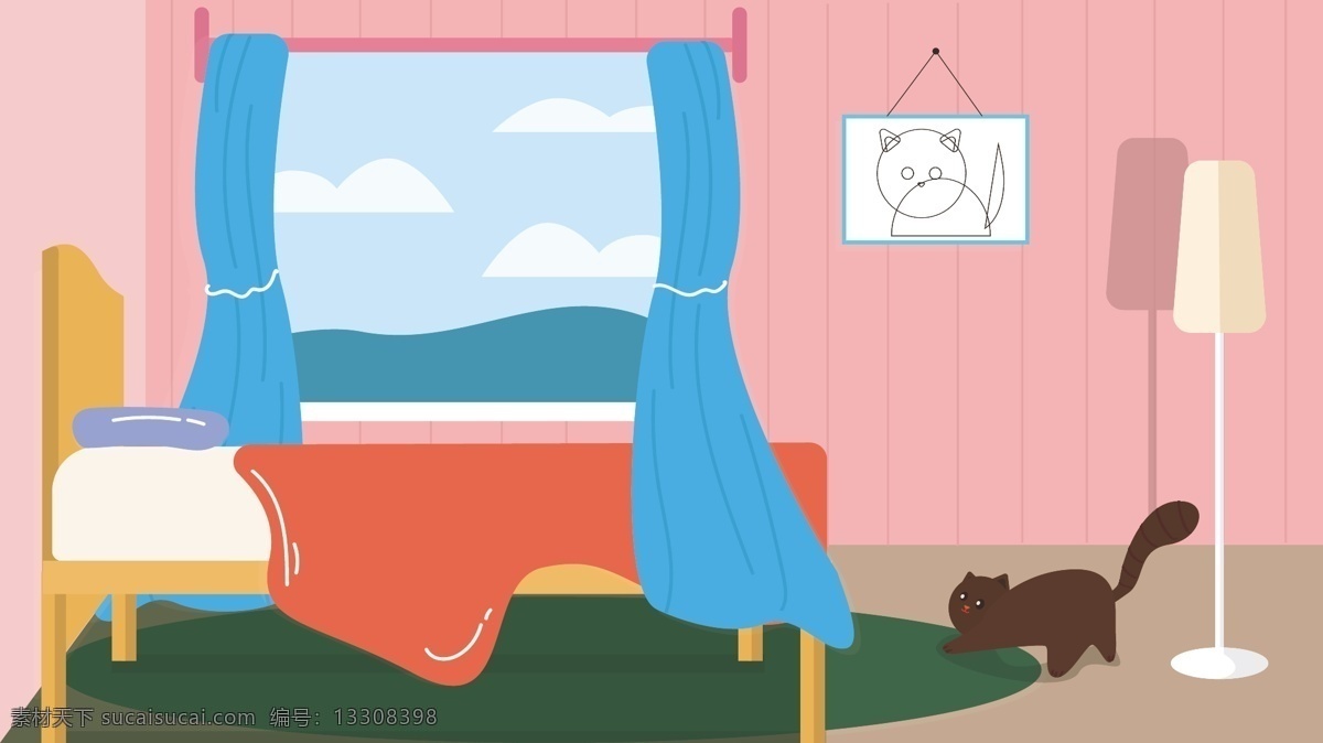 原创 矢量 插画 早安 系列 清晨 房间 矢量图 温馨 云朵 蓝天 早安你好 你好 手机配图 日签 公众号配图 朋友圈配图 少女心 小清新插画 黑色猫咪 温暖 窗户 窗外的风景 生活 粉色墙纸