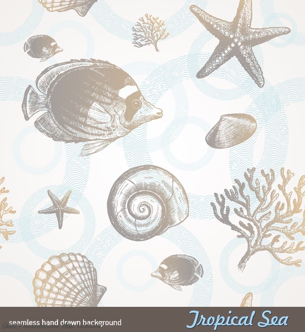 手绘 素描 海洋生物 热带鱼 海星 海螺 贝壳 牡蛎 珊瑚 动感 线条 底纹 背景 矢量素材 生物世界 矢量