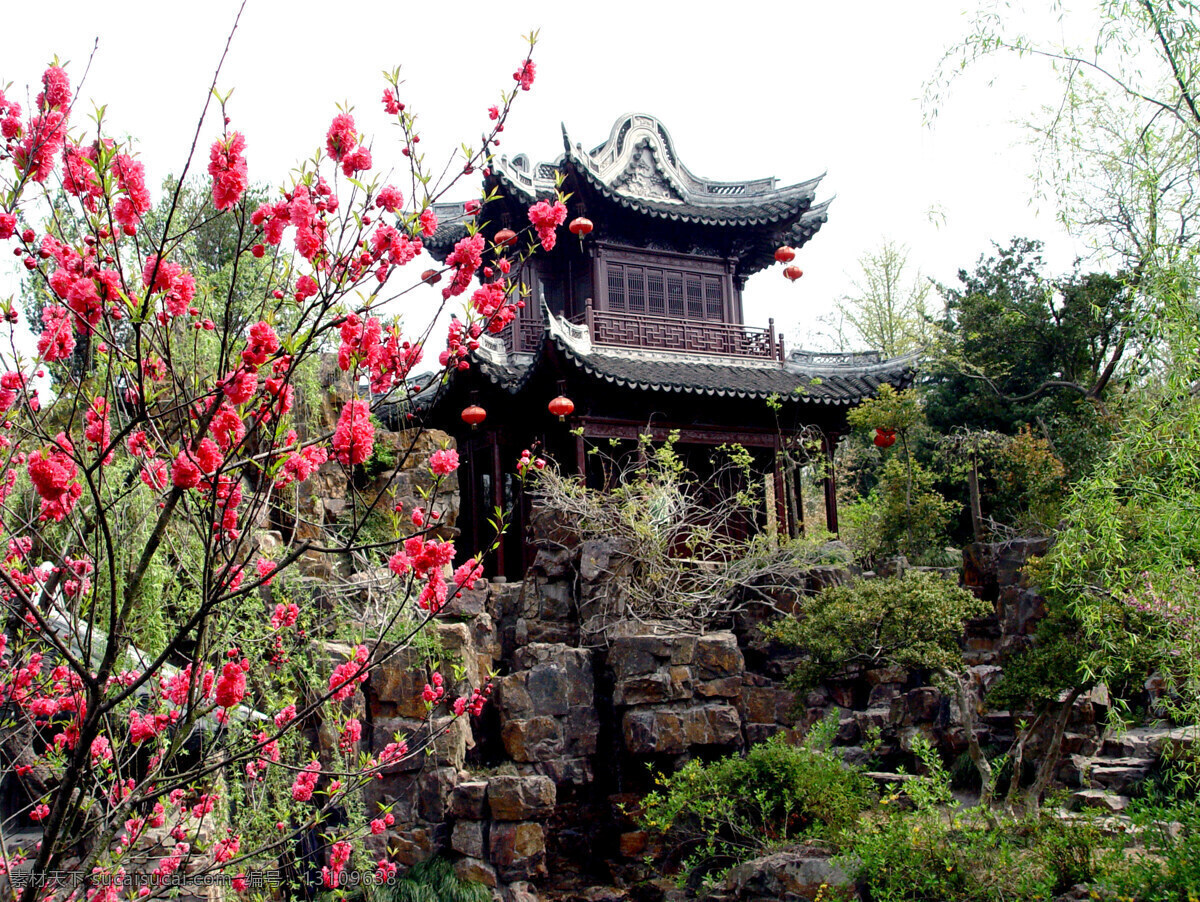 亭台楼阁 亭子 桃花 美景 亭台 楼阁 建筑 树木 水绘园 园林建筑 建筑园林